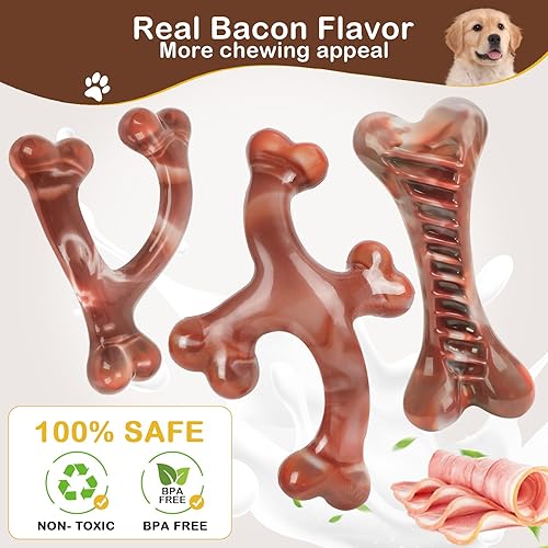 Miniatura 4 de NOUGAT Juguetes para perros para masticadores agresivos, paquete de 3 juguetes indestructibles para perros, de nailon resistente con sabor a tocino,