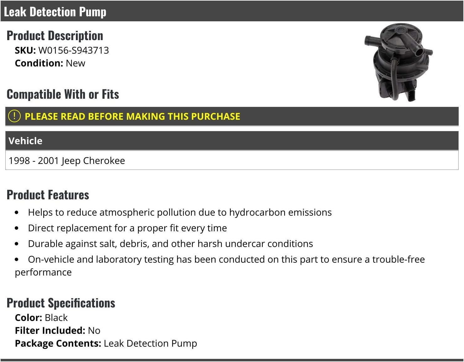 Marketplace Auto Parts Leak Detection Pump - Compatible with 1998-2001 Jeep Cherokee