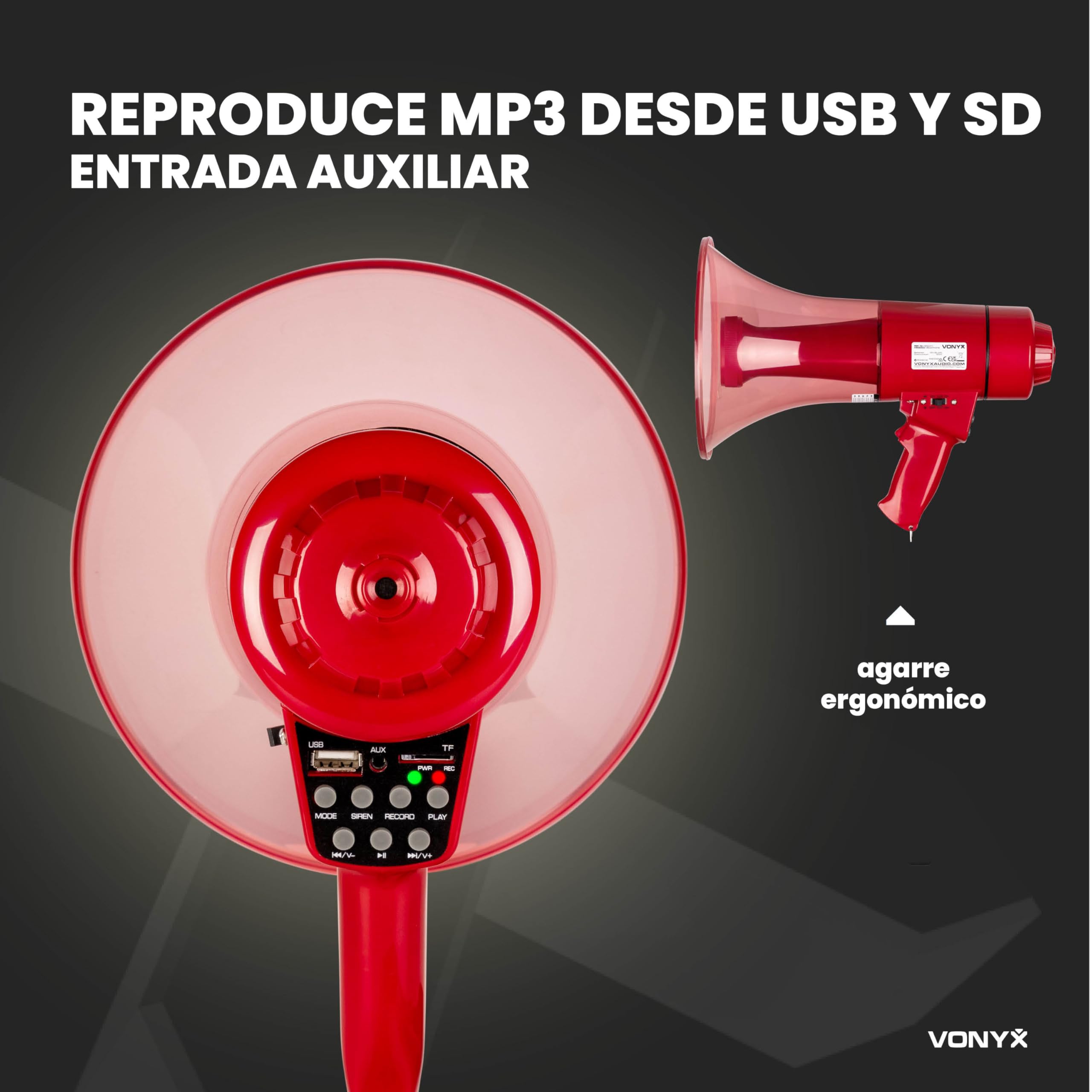 Vonyx MEG050 Megáfono 50W 1000m Alcance Batería Recargable Sirena Micrófono LED Bluetooth MP3 USB SD AUX Rojo