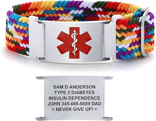 Pulseras de alerta médica para mujeres, hombres, niñas, niños, pulsera de identificación médica personalizada con pulsera elástica trenzada de