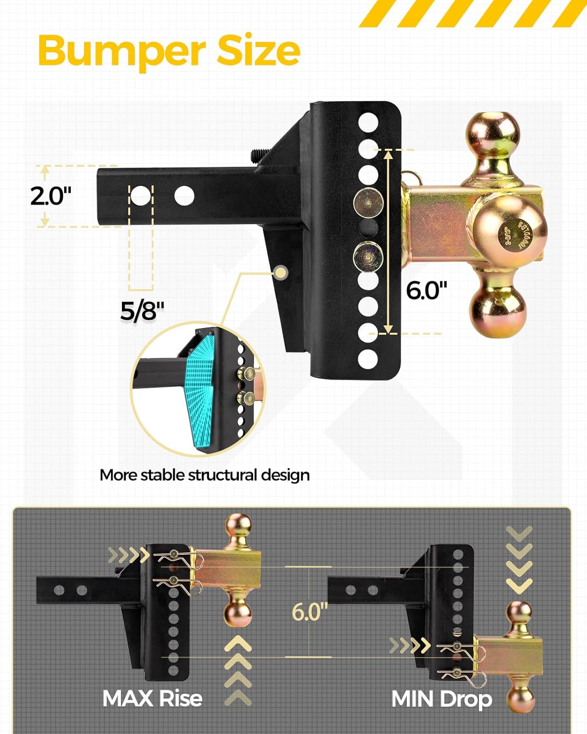 Adjustable Trailer Hitch -Drop Hitch-Tow Hitch with 2 inch Receiver-6inch Drop/Rise, （1-7/8" & 2" & 2-5/16" Ball Hitches for Trucks, 20,000 LBS GTW, Trailer Hitches with Anti-Theft Pin, Black