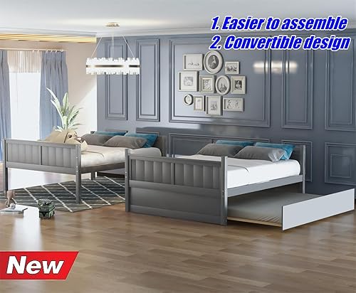 Miniatura 3 de Litera convertible de madera maciza más fuerte y segura de tamaño matrimonial sobre matrimonial con nido, base de litera gruesa más estable, litera