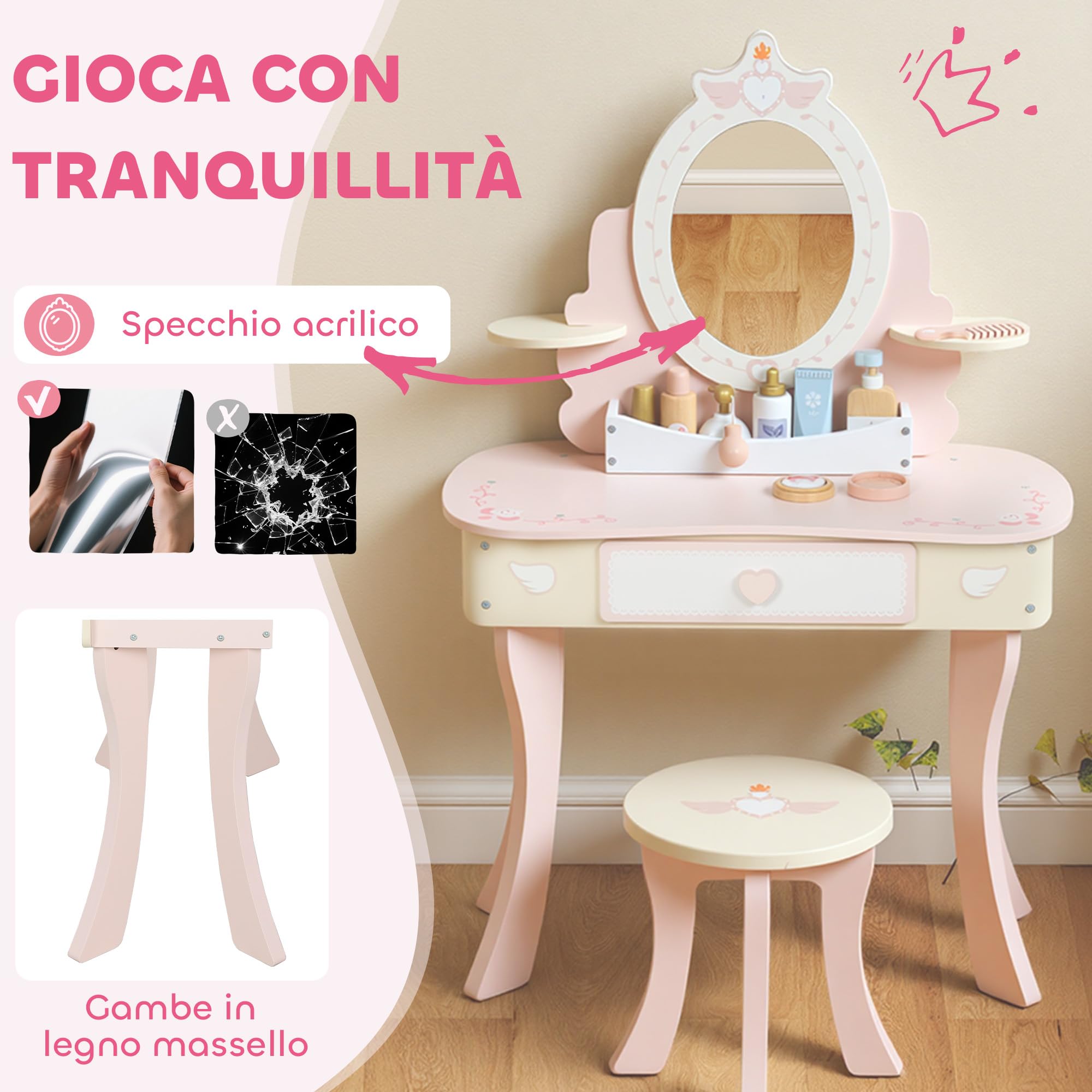 AIYAPLAY Set Toeletta con Specchio e Sgabello in Legno per Bambini, Tavolo da Trucco 2 in 1 Convertibile in Scrivania, 7 Accessori Inclusi, Rosa