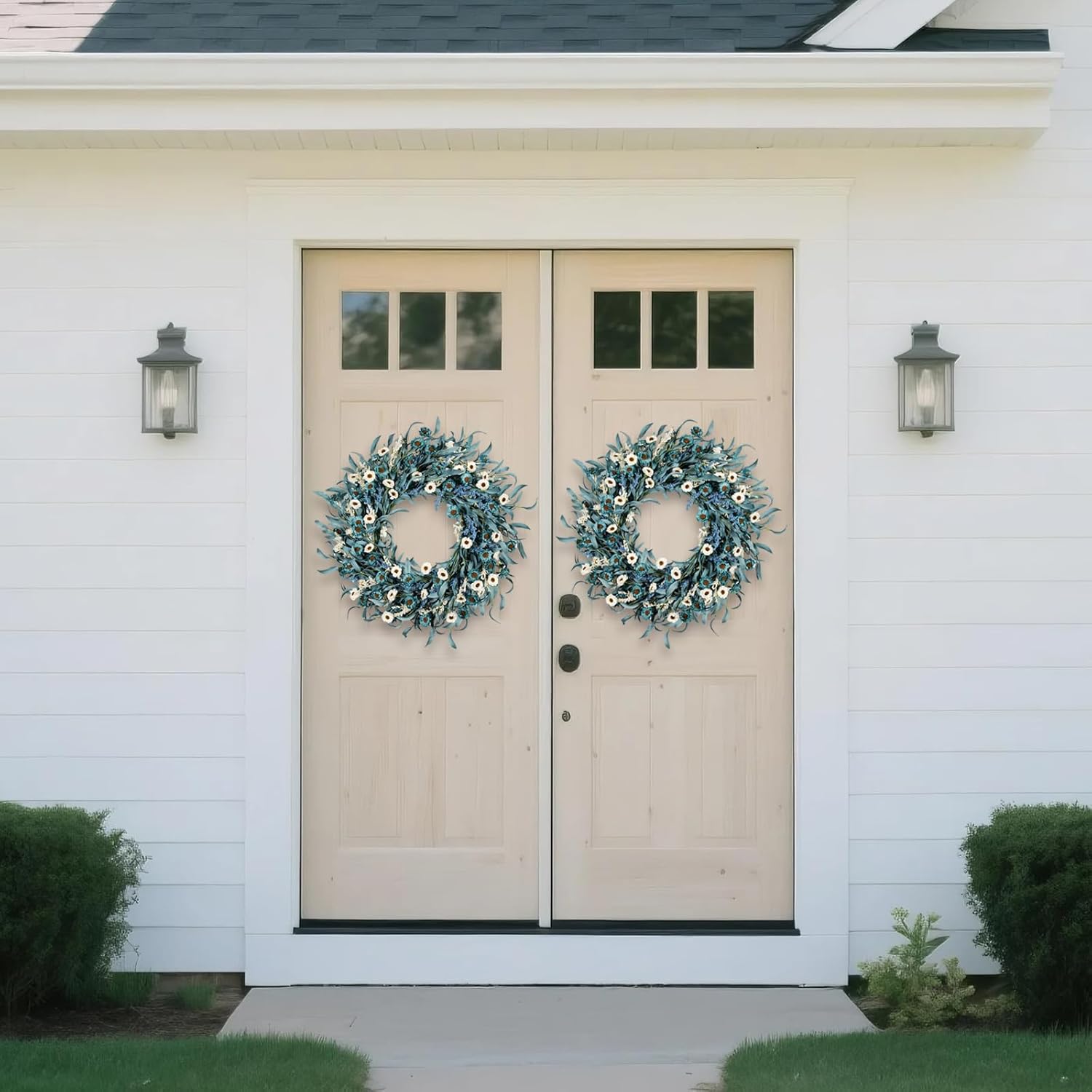 24 Inch Blue Daisy Flower Wreaths for Front Door - Spring Summer Wreath with White Floral, Blue Eucalyptus Leaves &Lavender Farmhouse Indoor Outdoor Decor for Porch, Patio & Entryway