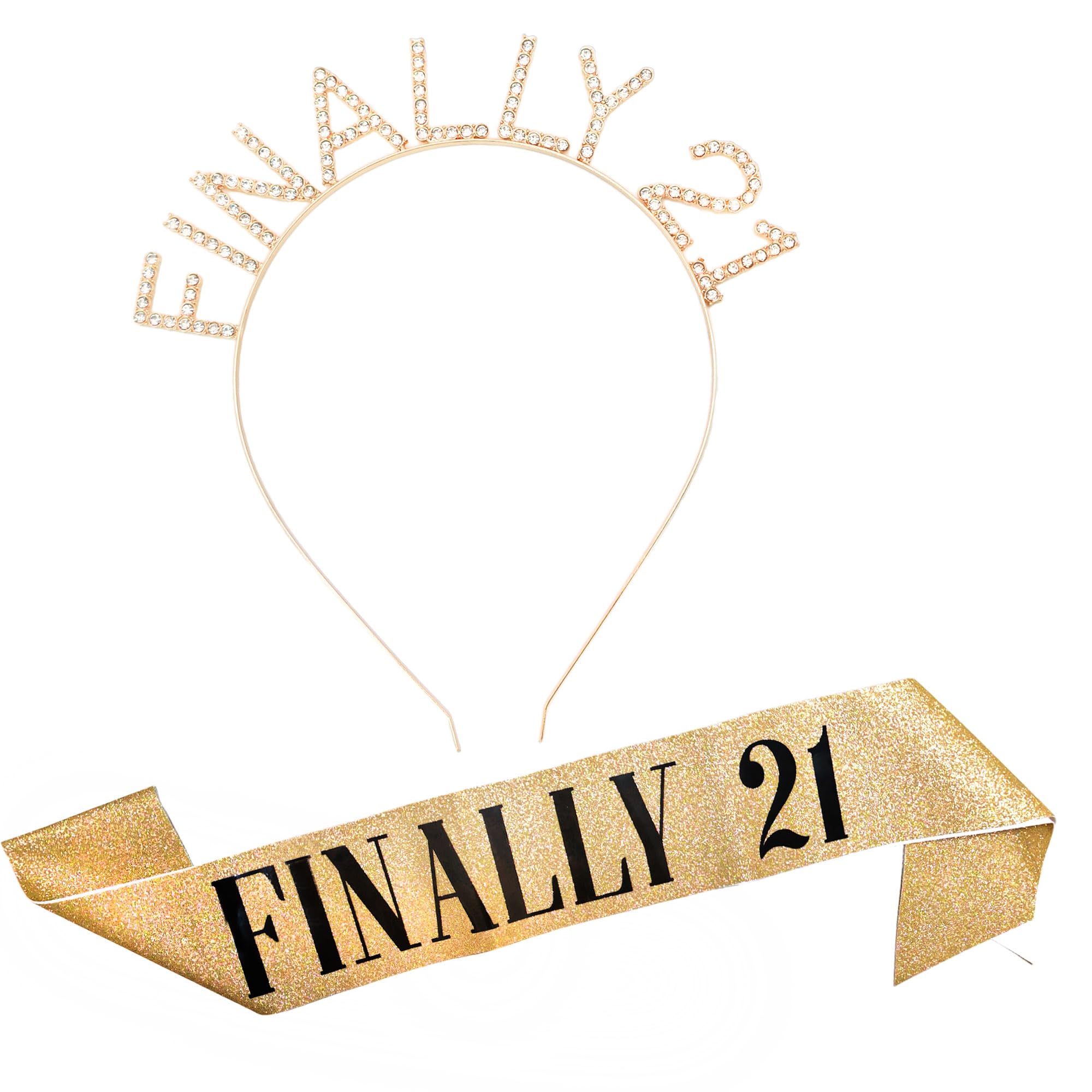Finally 21 Birthday Sash and Crown, Rhinestone 21st Birthday Headband Set Outfits Gifts for Women 21st Birthday Accessories for Her (Gold Bling/Black)