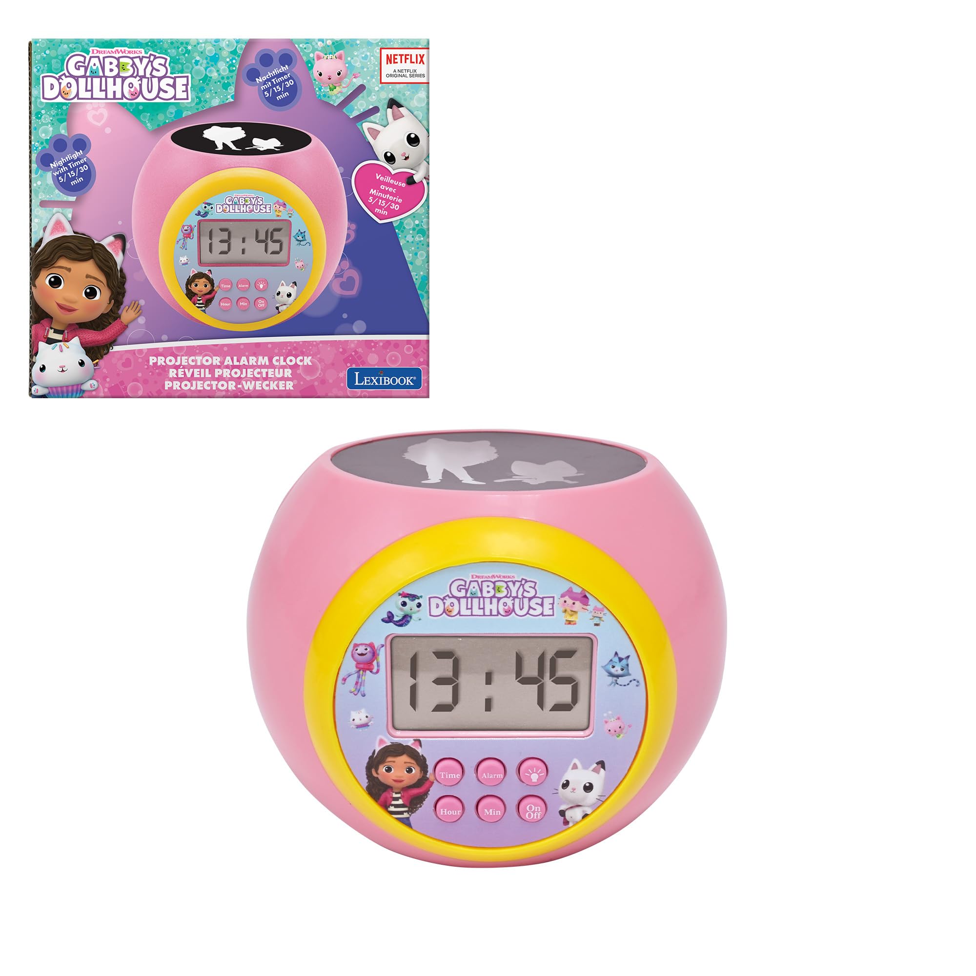 Lexibook, Gabby's Dollhouse, Alarm clock-projector with alarm and snooze function, nightlight with timer, LCD screen, battery-operated, Pink, RL977GDH