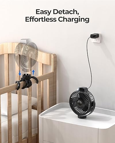 Miniatura 6 de Koonie Ventilador portátil para cochecito de bebé, funciona con batería recargable, 3 velocidades, rotación de 360, 25 db de bajo ruido, pantalla
