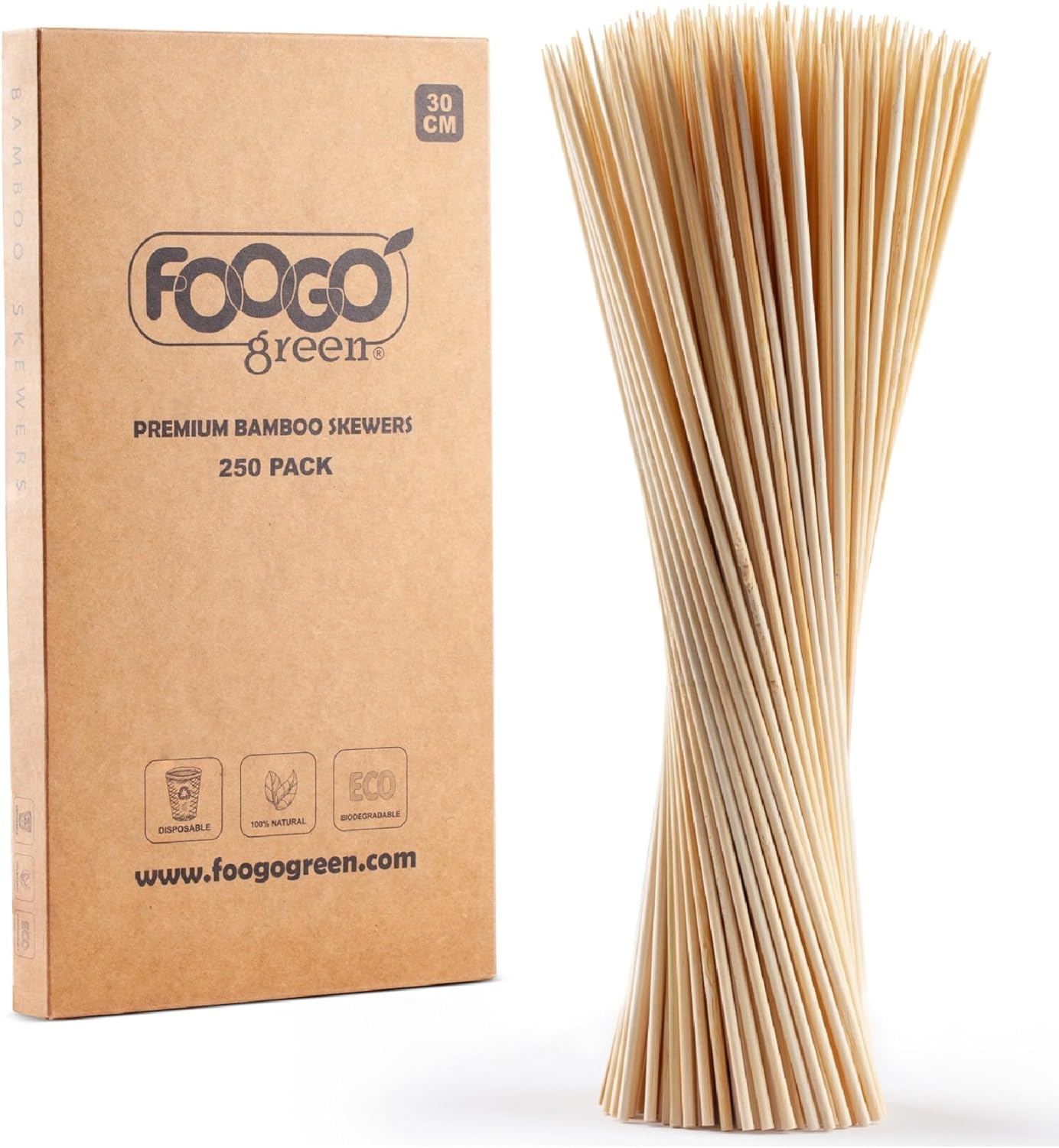 FOOGO Green 500pcs Large 30cm, Bamboo Skewers, FSC® Certified, Sturdy Eco-Friendly Wooden, Barbecue, BBQ & Kebabs Skewers, Fruit Picks, Cocktail Sticks, for Camping, Parties and Wedding