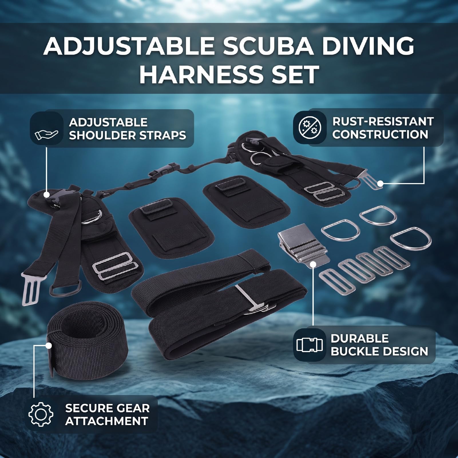 Luocute Imbracatura con Piastra Posteriore per Immersioni Subacquee | Fibbie Antiruggine in Nylon in Acciaio Inossidabile, Spallacci in Neoprene, Anelli di Ritenzione in Gomma Flessibile per