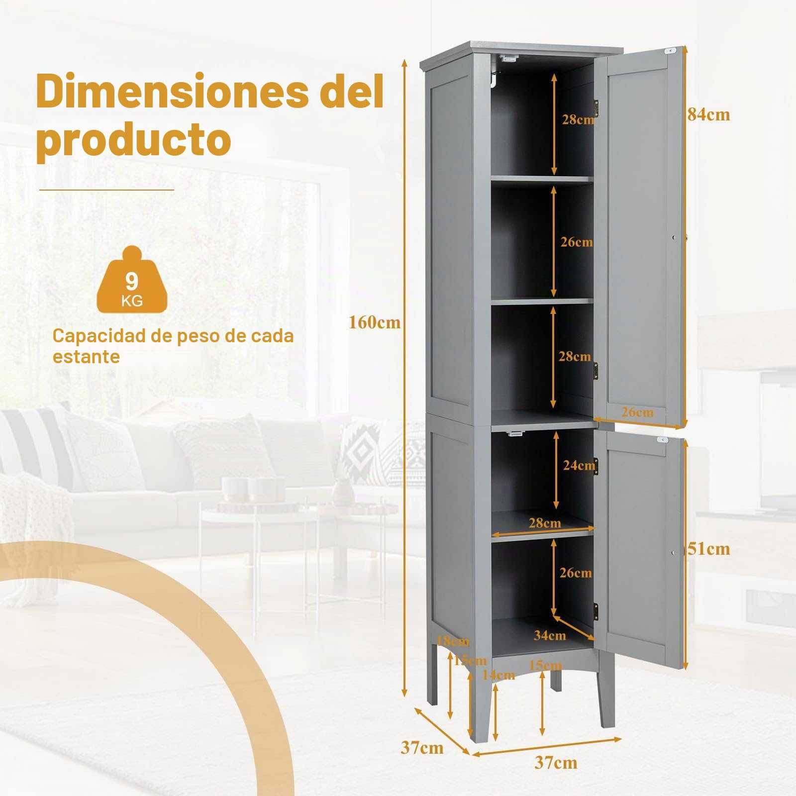 GOPLUS - Mueble para cuarto de baño, mueble de almacenamiento delgado con 5 estantes, dispositivo antivuelco, columna de baño sut pies, estilo moderno, 38 x 38 x 160 cm (gris)