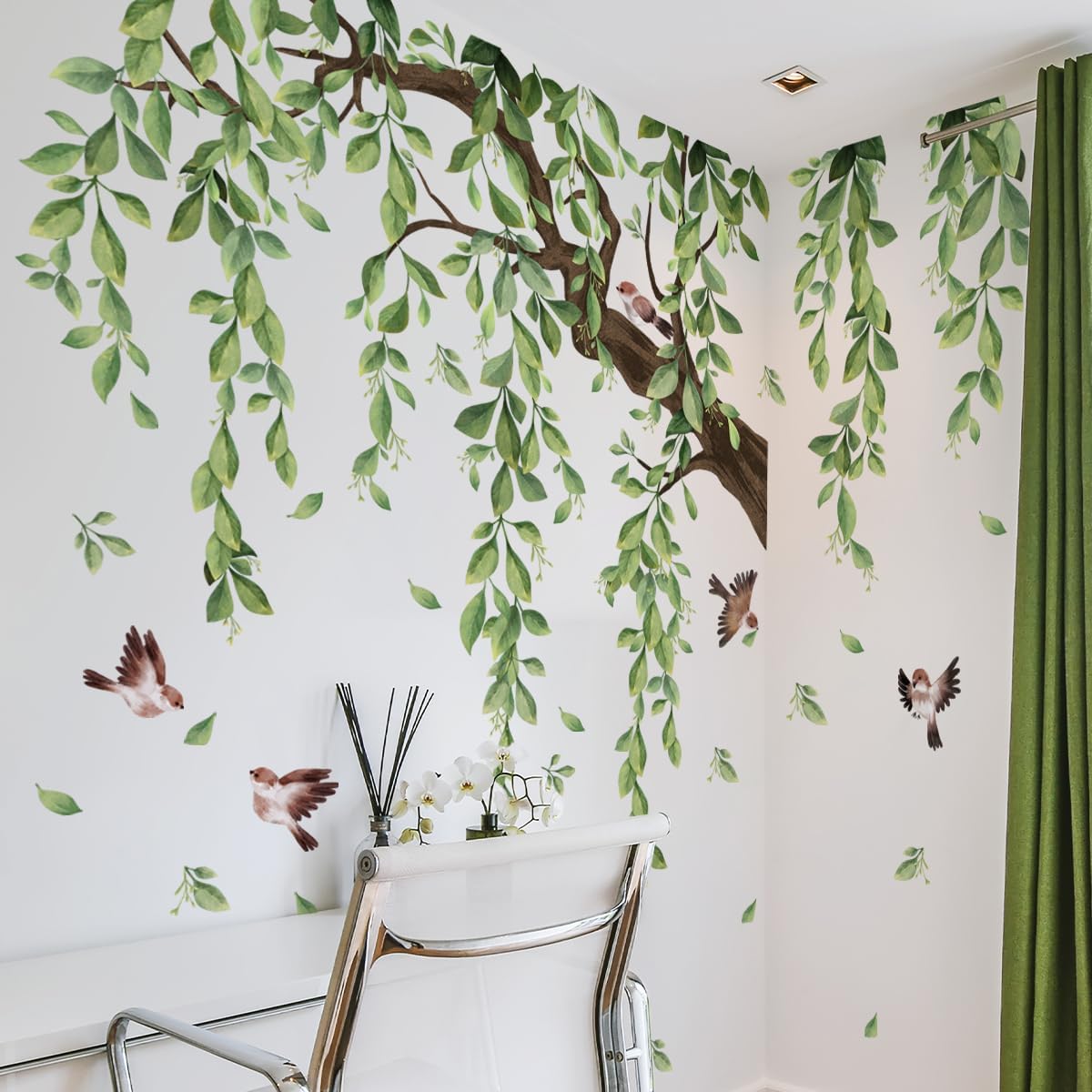 Runtoo Large Tree Wall Decals Green Plant Hanging Vine Leaves Wall Stickers for Living Room Bedroom Nursery Wall Decor