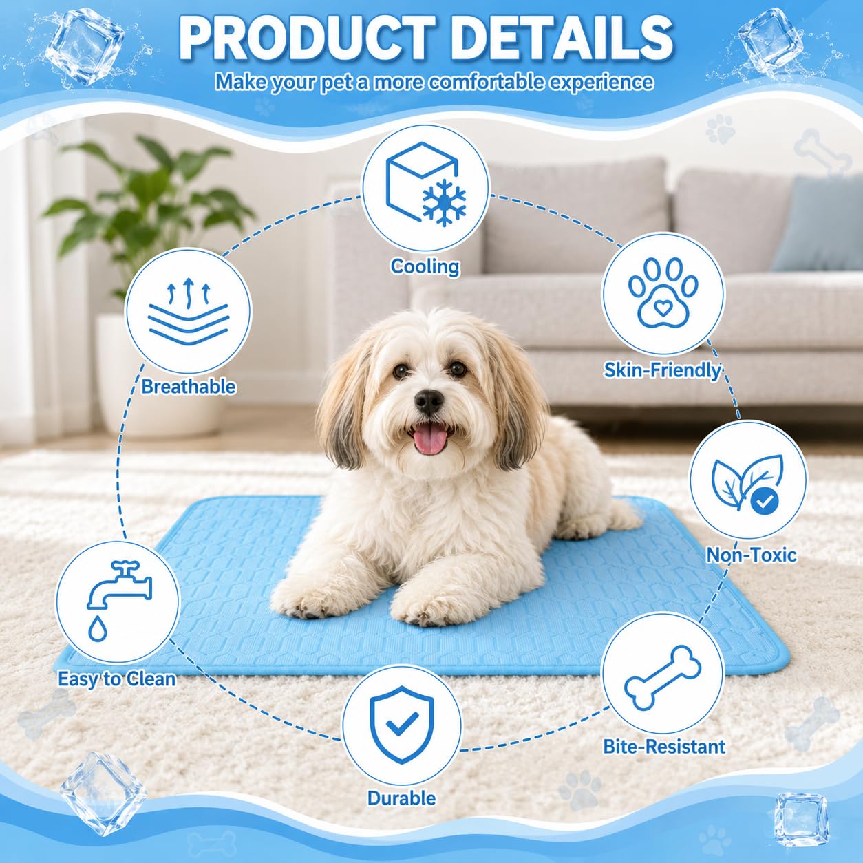 JIEBAO Kühlmatte Hunde, 100 * 70cm Selbst Kühlende Matte für Hunde Katzen, Waschbar Kühlmatte Hund, Kühlkissen Hundematten für Sommer Unterwegs Zuhause oder im Auto (L)