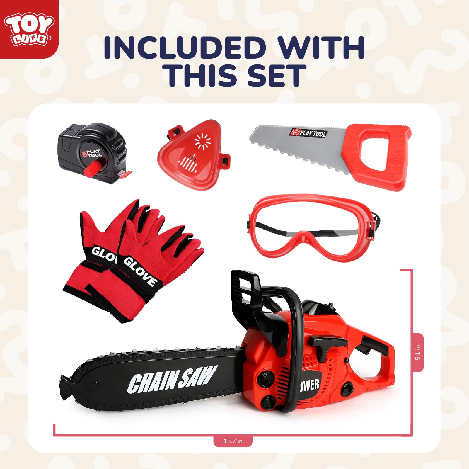 TOY Life Toy Chainsaw Kids Tool Set with Gloves Toddler Pretend Play Construction Tool Electric Chainsaw Play Set Outdoor Toy for Kids Halloween Costume for Boys Ages 3 4 5 6 7 8