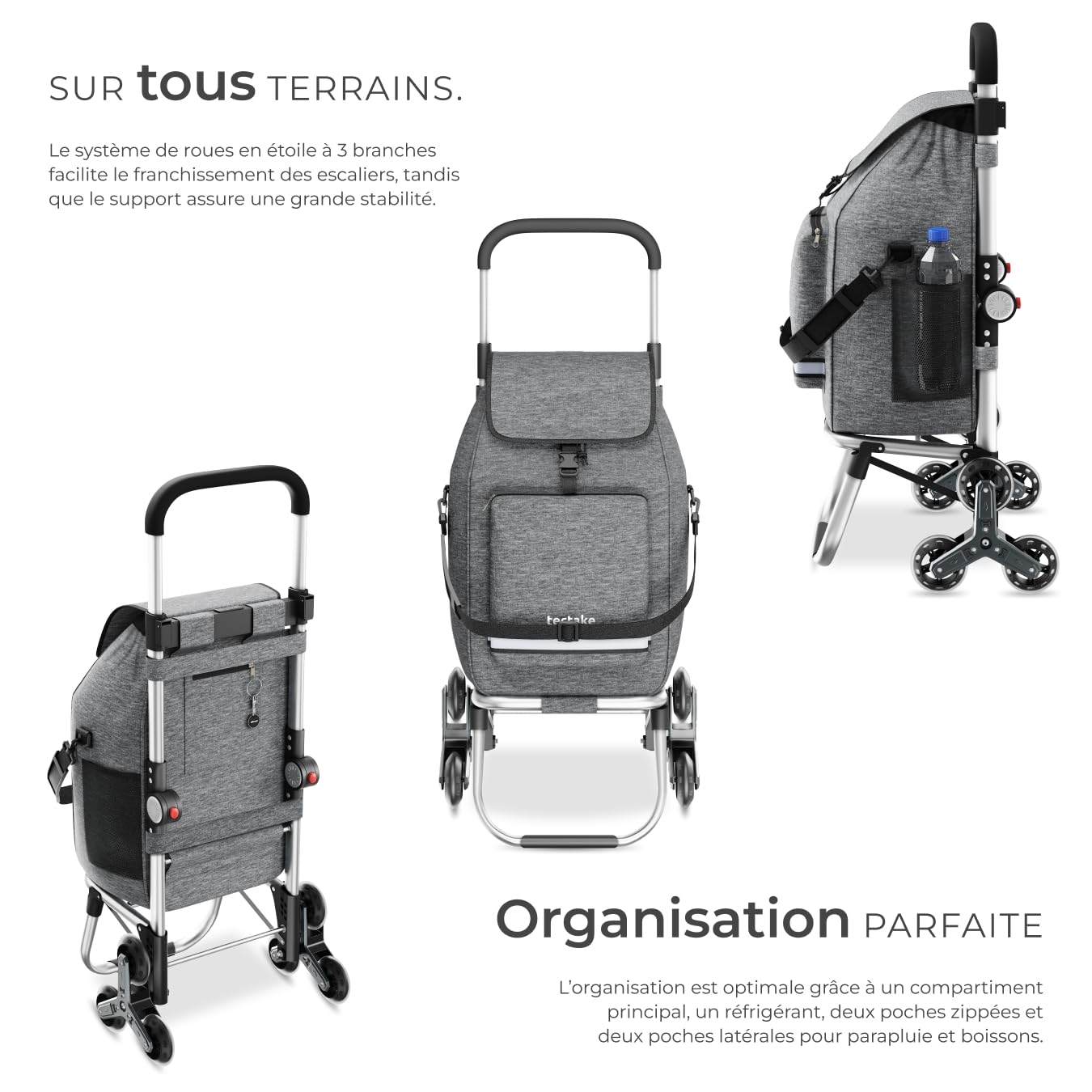 tectake® Caddie de Courses 56L, 3en1, Chariot de Courses, Sac à Bandoulière, Diable, 2 Roues étoiles Tout-Terrain, Compartiment Isotherme, Chariot à roulettes Pliable, Caddie, Cabas Roulette Marché