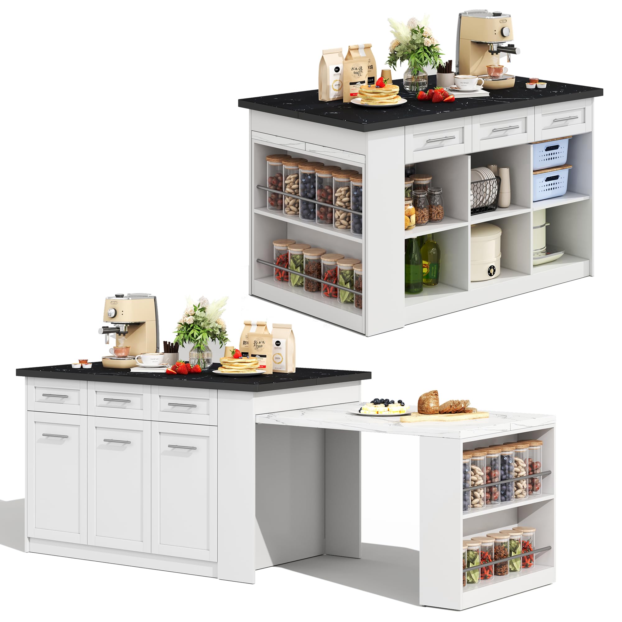 Isola da cucina multifunzione 150+96 cm, tavolo da pranzo allungabile bianco, piano marmorizzato nero/bianco, armadietti integrati