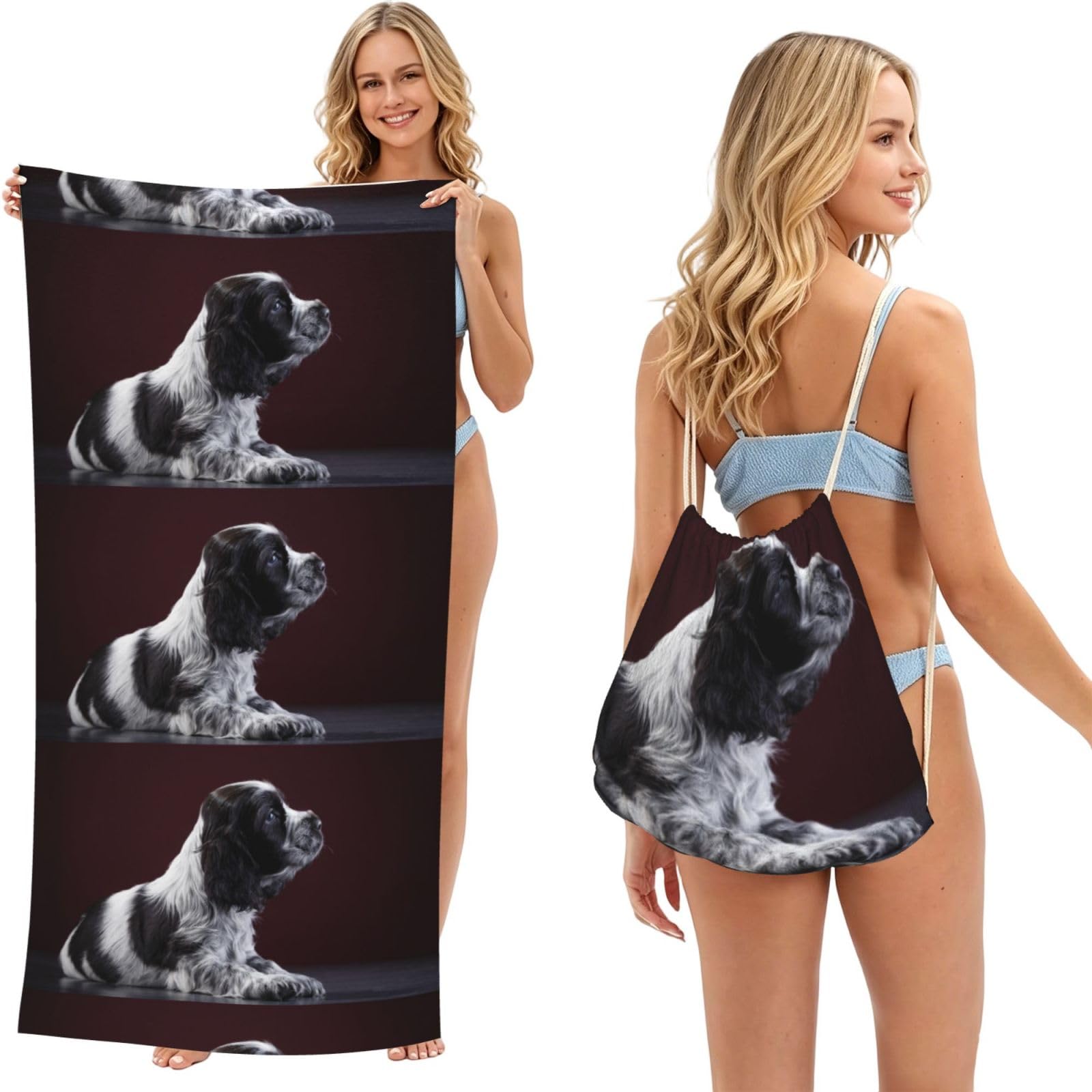 Poadnly As Picture Cocker Spaniel Puppy Black And White Spaniel, 2 In 1 Packable Towel Bag, Beach Towels With Drawstring Backpack For Travel Holiday Camping