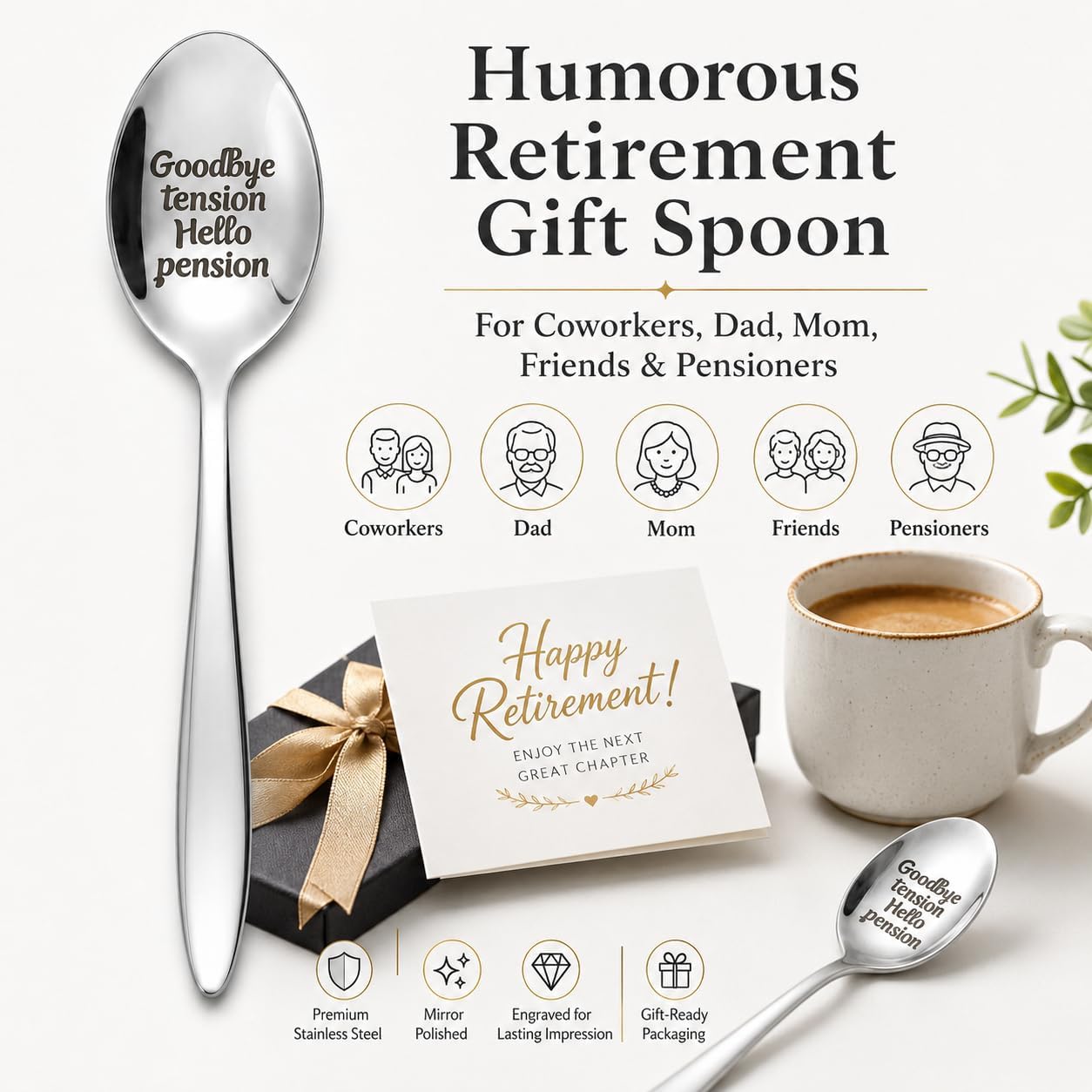 Good Bye Tension Hello Pension Coffee Spoon, Engraved Stainless Steel Coffee Spoon, Retirement Gifts for Women Men, Coworker Retirement Gift, Pension Party Gift, Retirement Present