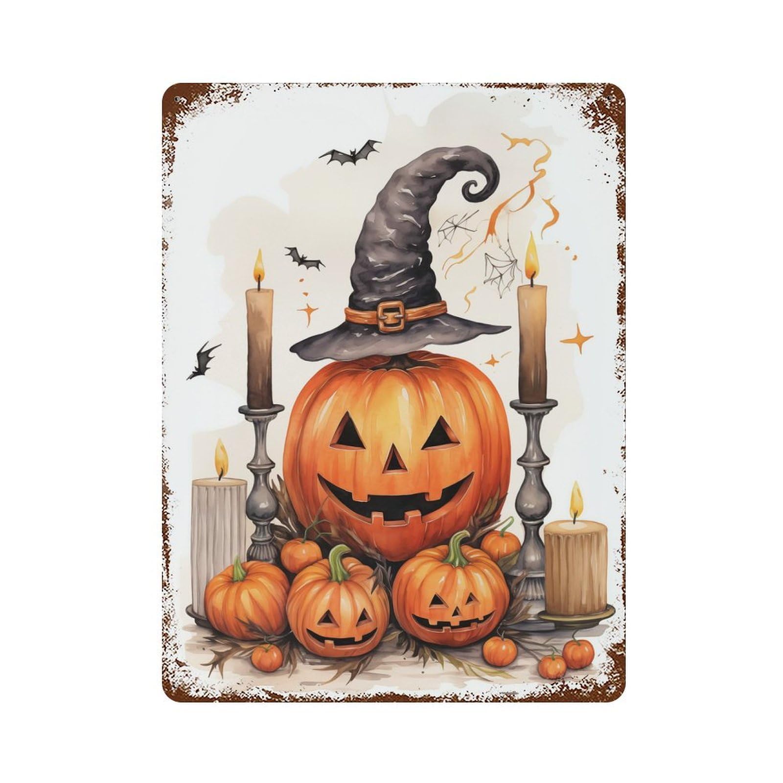 Halloween Pumpkins & Witch Hat Decorative Tin Sign 15.7"x11.8", for Bistro, Counter And Cafe Decor, Classic Wall Plaque