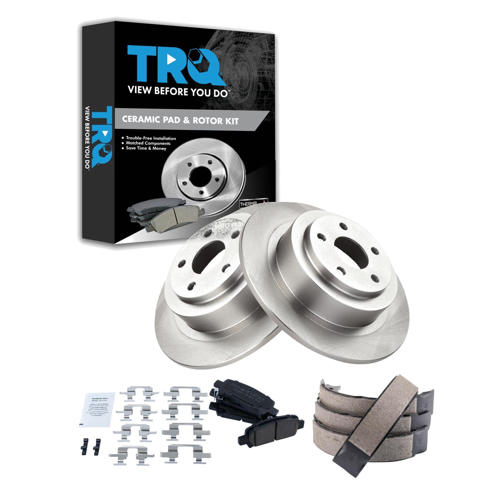 TRQ Rear Brake Pad and Rotor Set Ceramic Parking Brake Shoe Compatible with 2003-2006 Subaru Baja 2001-2004 Legacy 2003-2004 Outback