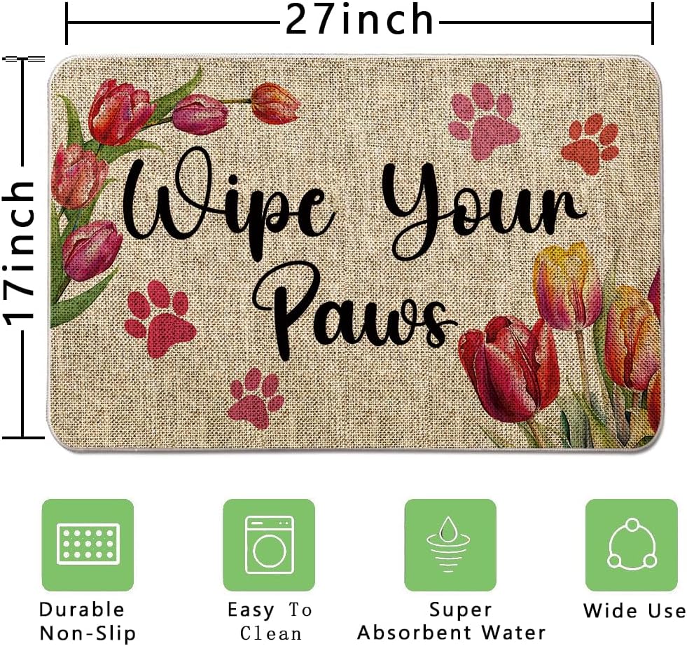 Spring Door Mat Wipe Your Paws Welcome Mat Outdoor Spring Floral Flowers Entrance Rug Farmhouse Home Kitchen Decorations Floor Front Doormats 17 x 27 Inch