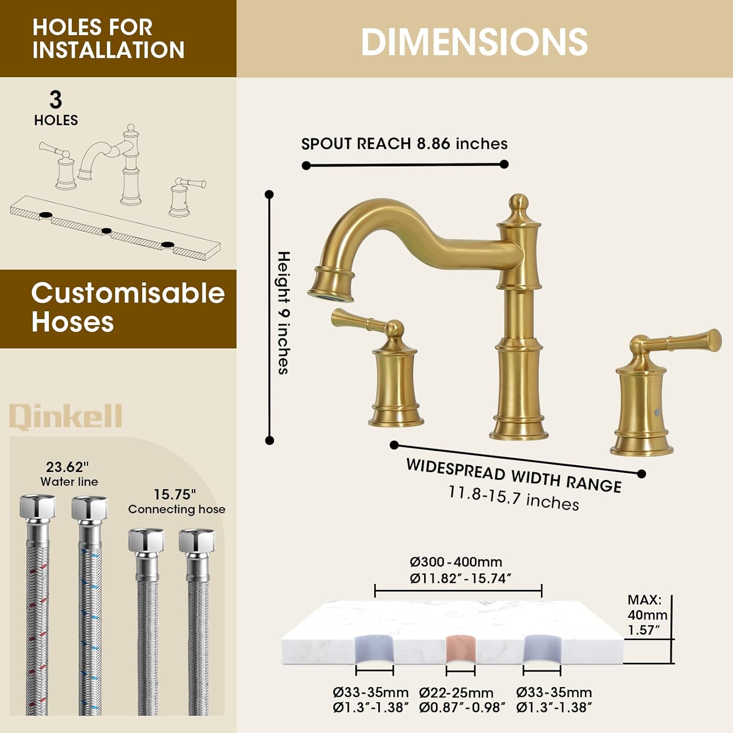 Roman Tub Faucet Set with Valve, Qinkell 12-16 Inch Widespread 3 Hole Deck Mount Bathtub Faucet, High Flow Brass Vintage Faucet with 360 Degree Swivel Spout, Two Handles & Supply Lines, Brushed Gold