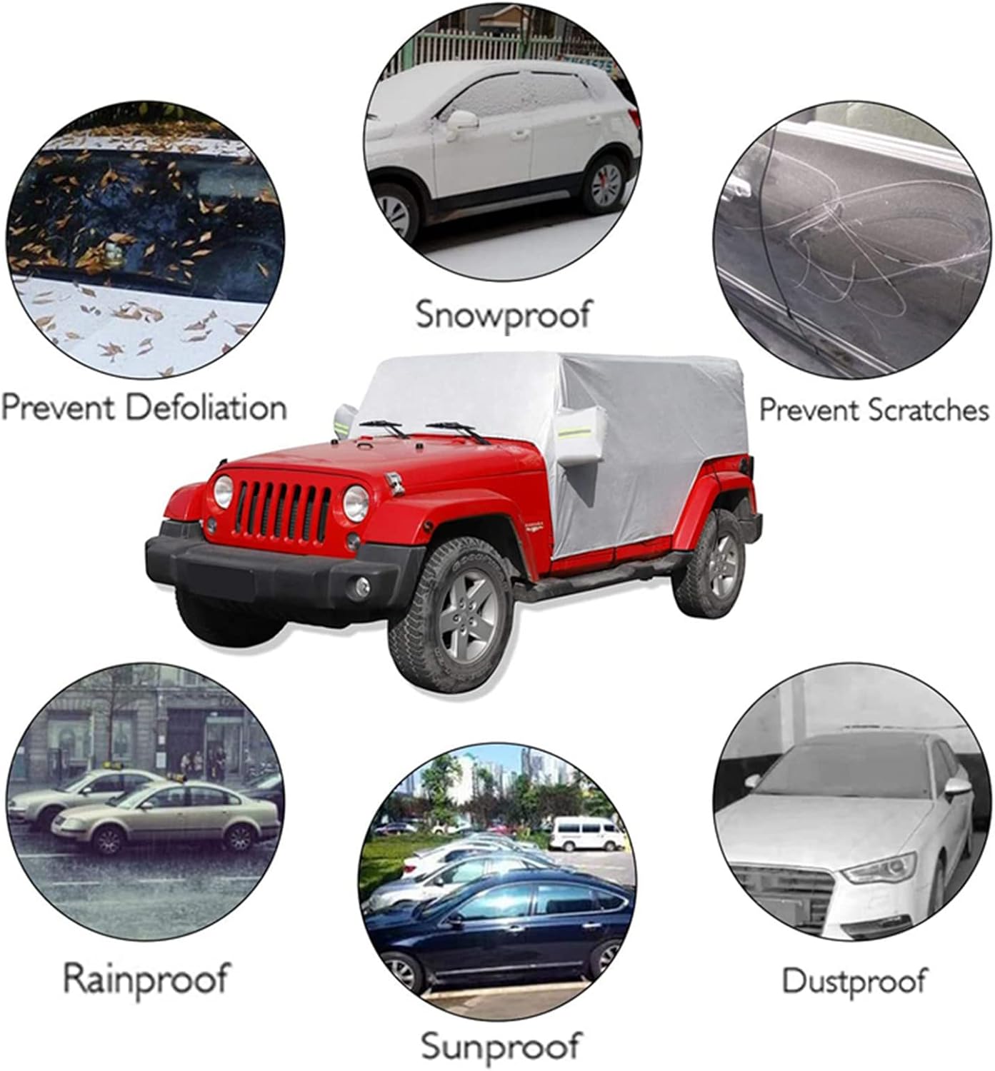 Half Car Cover 6-Layer Protection, Windshield Waterproof Snow Ice Cover with Side Mirror Covers and Fluorescent Strip, Fit Most Car and SUV