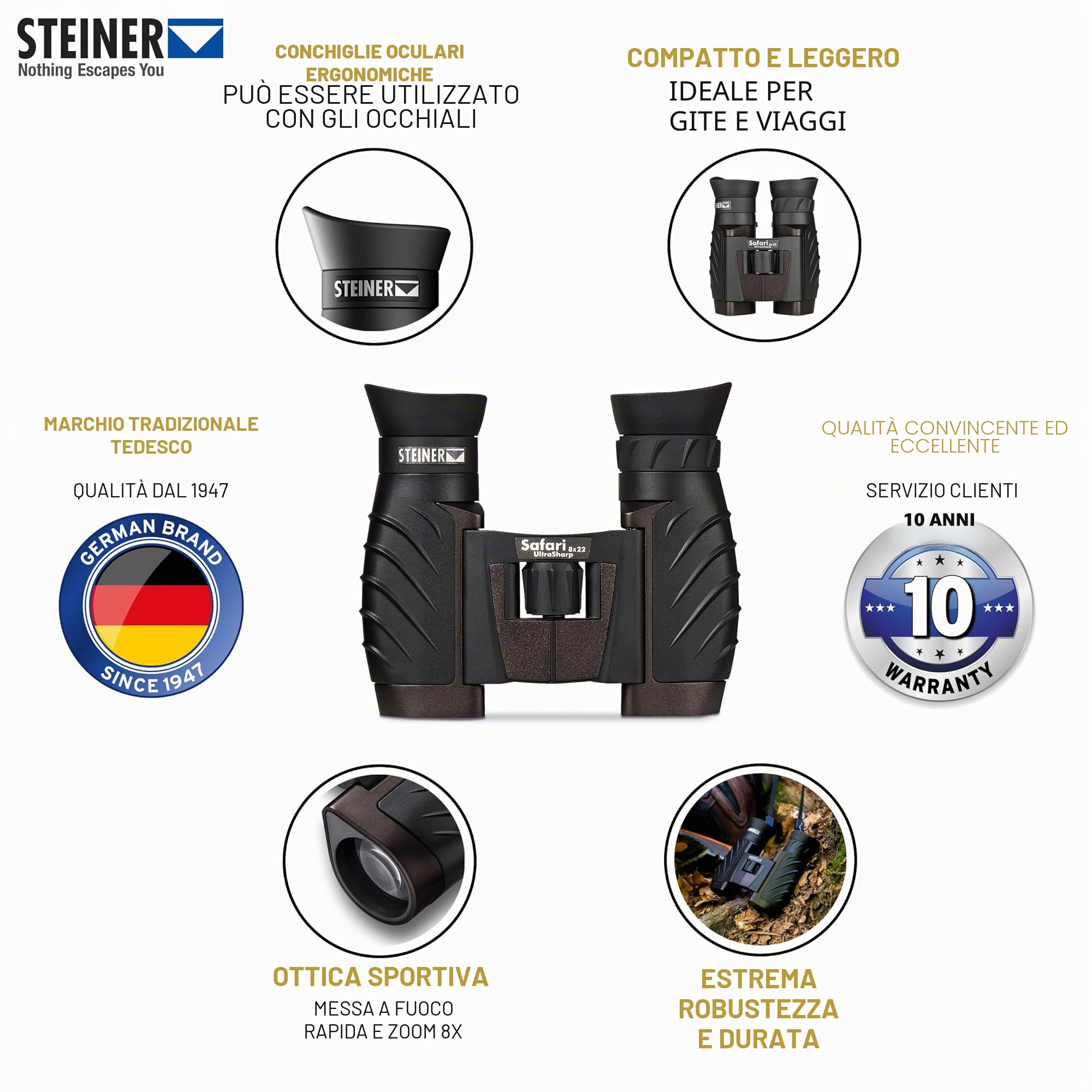 STEINER Binocolo Safari UltraSharp 8x22 compatto leggero per adulti bambini viaggi escursioni