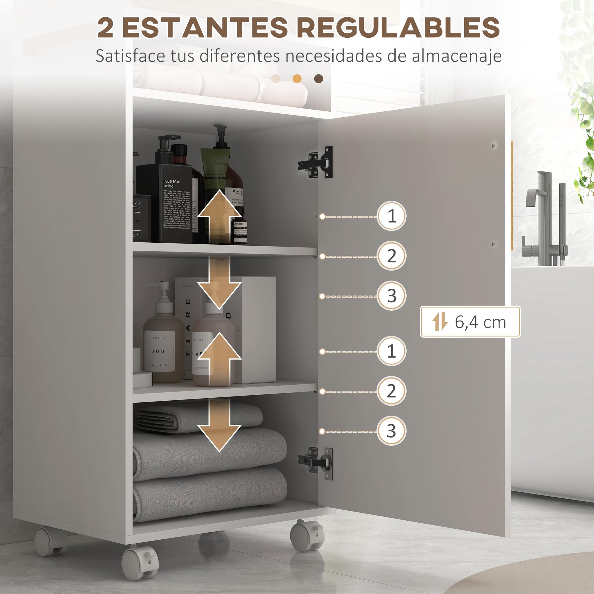kleankin Armario de Baño Moderno con Ruedas 40x30x88 cm Blanco y Roble | Mueble Auxiliar de Baño, Mueble de Suelo, Estantes Ajustables, Bandeja Extraíble