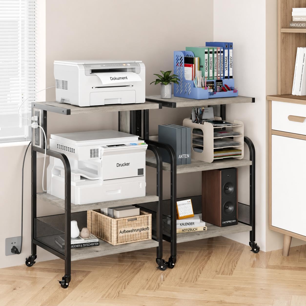 Druckertisch mit Rollen, Druckerständer aus Eisen & PB-Platte, stabiler Druckerwagen mit Ablagefläche 79x52x40 cm, mobiler Bürowagen für Drucker, Laptop, Ordner – für Büro, Homeoffice, Schule（Grau）