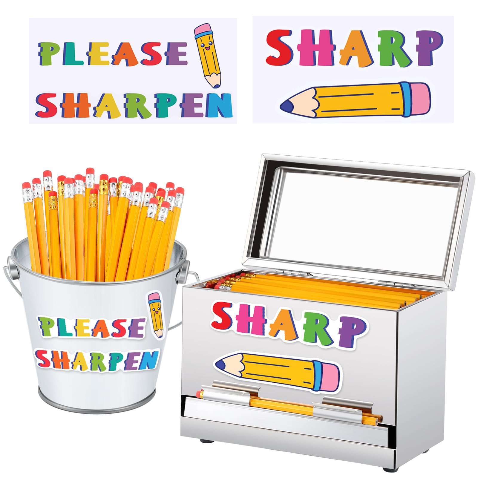 Yaocom Dispensador de lápices de acero inoxidable con 2 calcomanías, pequeño cubo de metal con asa para almacenamiento de lápices a granel, profesores, suministros para el aula (plateado)
