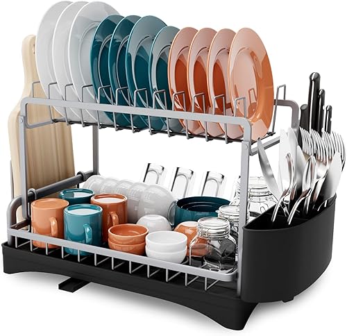 Dailyart Escurridor de platos de aluminio, ahorro de espacio de 2 niveles con escurridor para encimera de cocina, duradero y nunca se oxida con