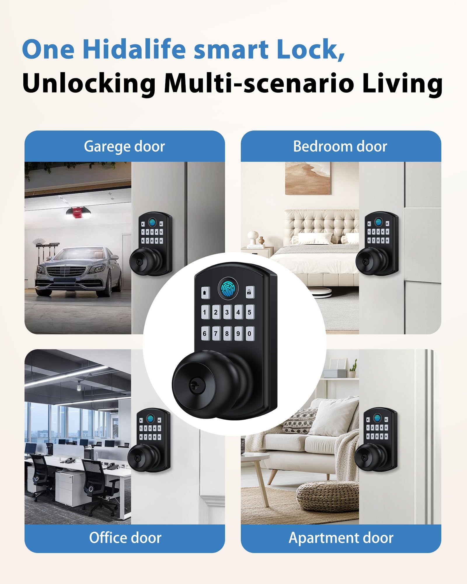Hidalife Pomello intelligente con tastiera, impronta digitale, serratura senza chiave per porta d'ingresso, modalità di passaggio facile, codice monouso, nero opaco