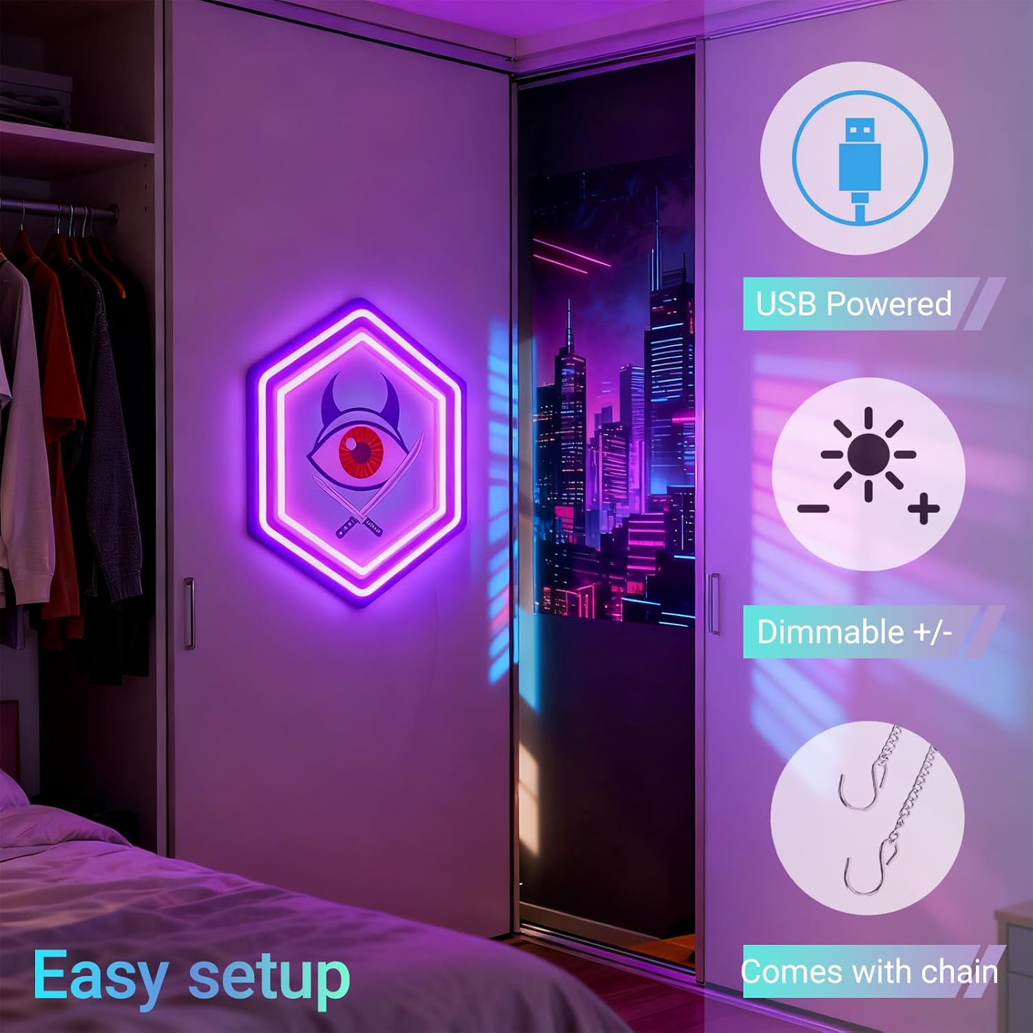 Demon Hunters Movie Neon Sign - Purple Pink Diamond Dagger Eye Wall Light, Brithday Decorations, Dimmable, USB Powered Gaming Room Decor for Bedroom