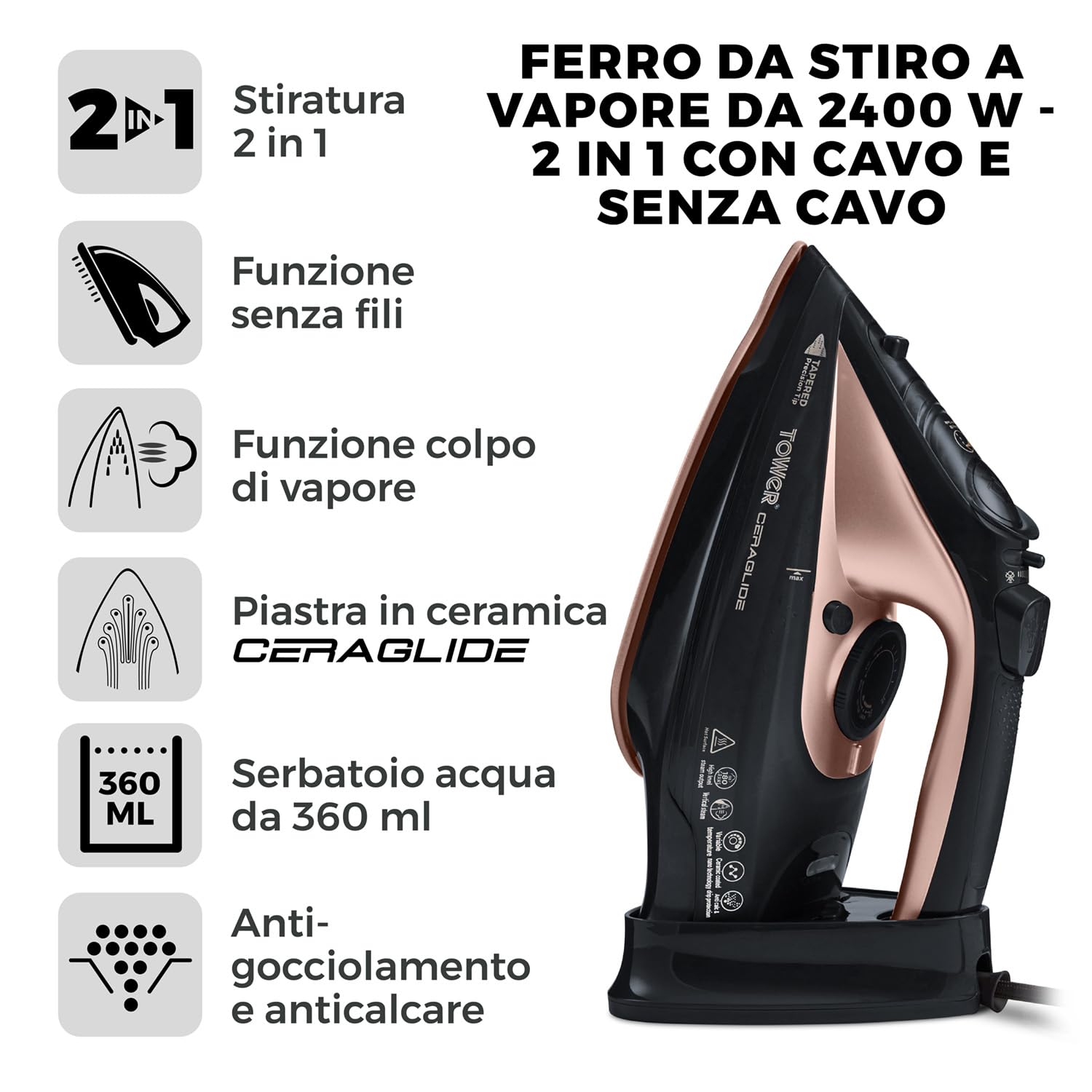 Tower T22008RG Ferro da Stiro a Vapore Senza Fili CeraGlide con Piastra in Ceramica e Funzione Vapore Variabile, Nero e Oro Rosa
