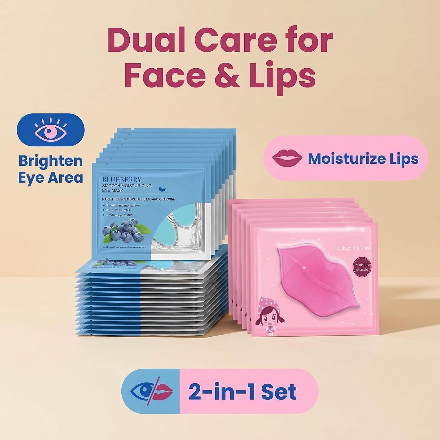 Hydrating & Cooling Gel Infused 30 Pairs Eye Masks & Lip Masks, Under Eye Patches for Puffy Eyes with Collagen Boost for Instant Anti-Aging Relief and Dark Circle Reduction – Youthful Radiance