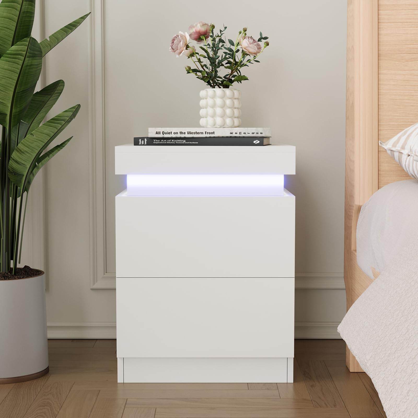 YOURLITE Bedside Table with 2 Drawers, Modern Bedside Cabinet with Charging Station and RGB LED Lights, Nightstand with Sliding Top, White