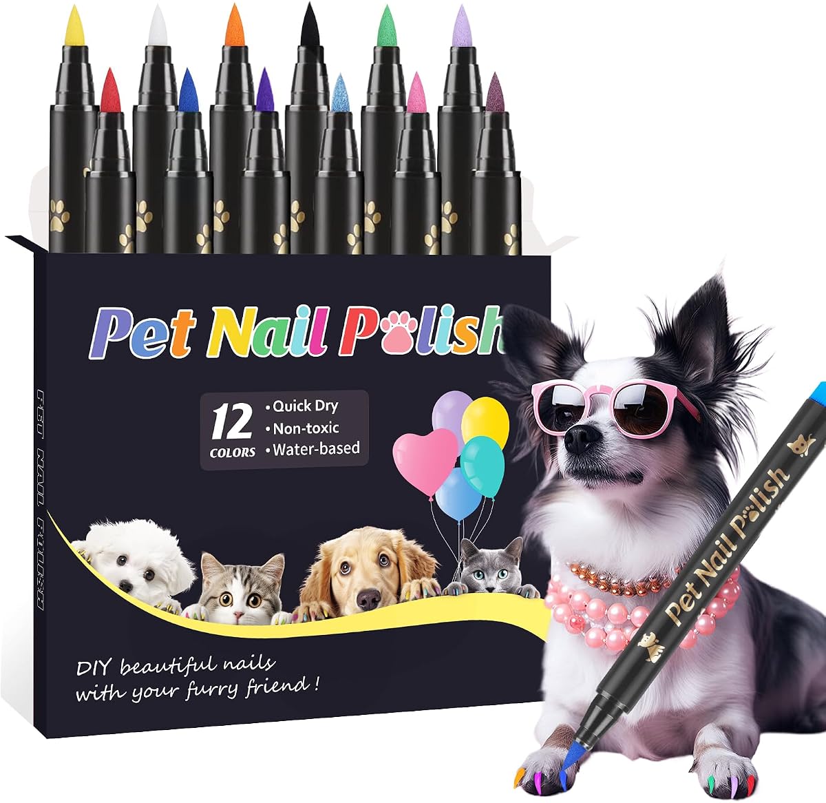 12 Colors Dog Nail Polish Pens Quick Dry to DIY Pretty Nails | Safe Dog Nail Polish Set,Ideal Gifts for Dogs Cats Light Dark Nails,Odorless,Non-Toxic,Water-Based Pet Nail Accessories Set