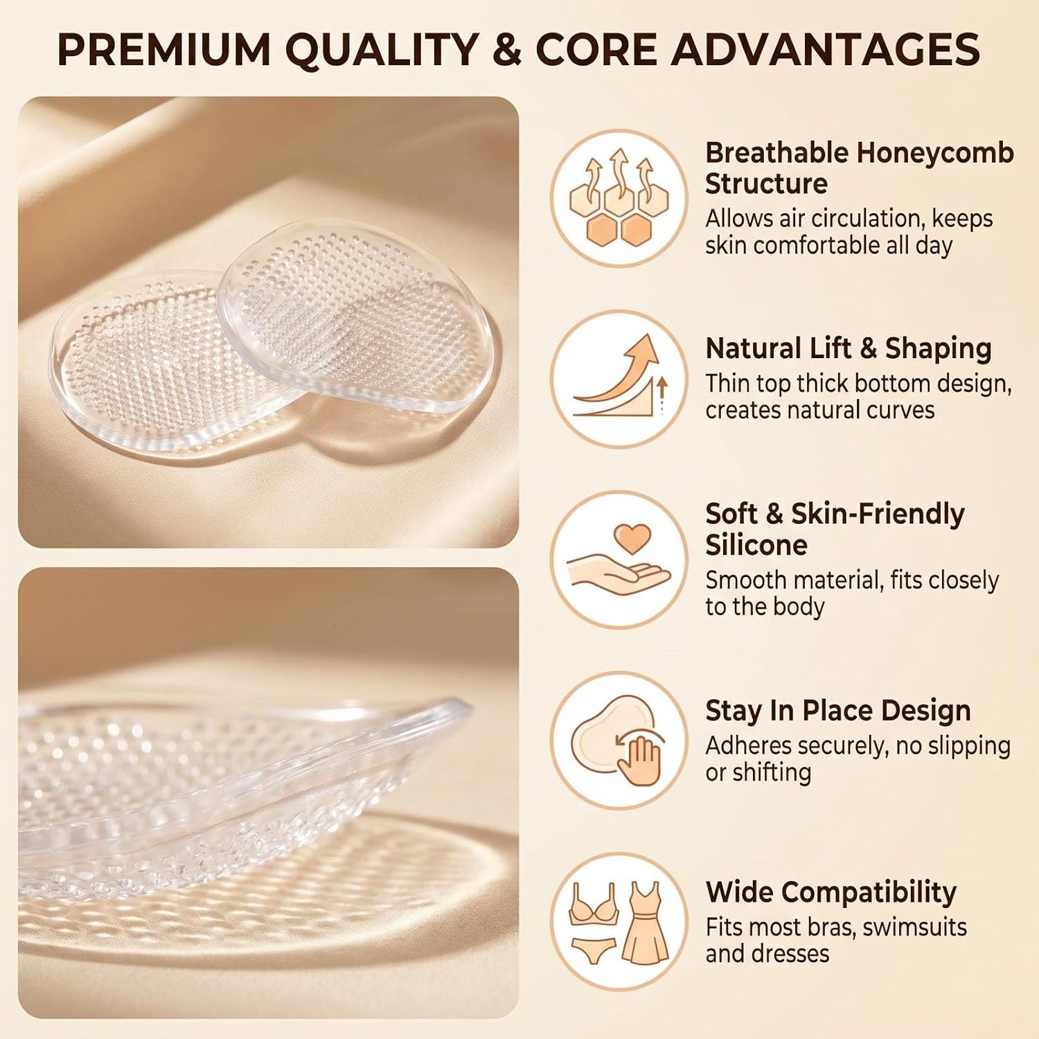 Happyupcity Women Clear Silicone Breathable Bra Inserts Gel Breast Enhancers Honeycomb Semi-Adhesive Bra Pads Invisible Push-up Breast Cup Lifter for Underwear Swimsuit Bikinis