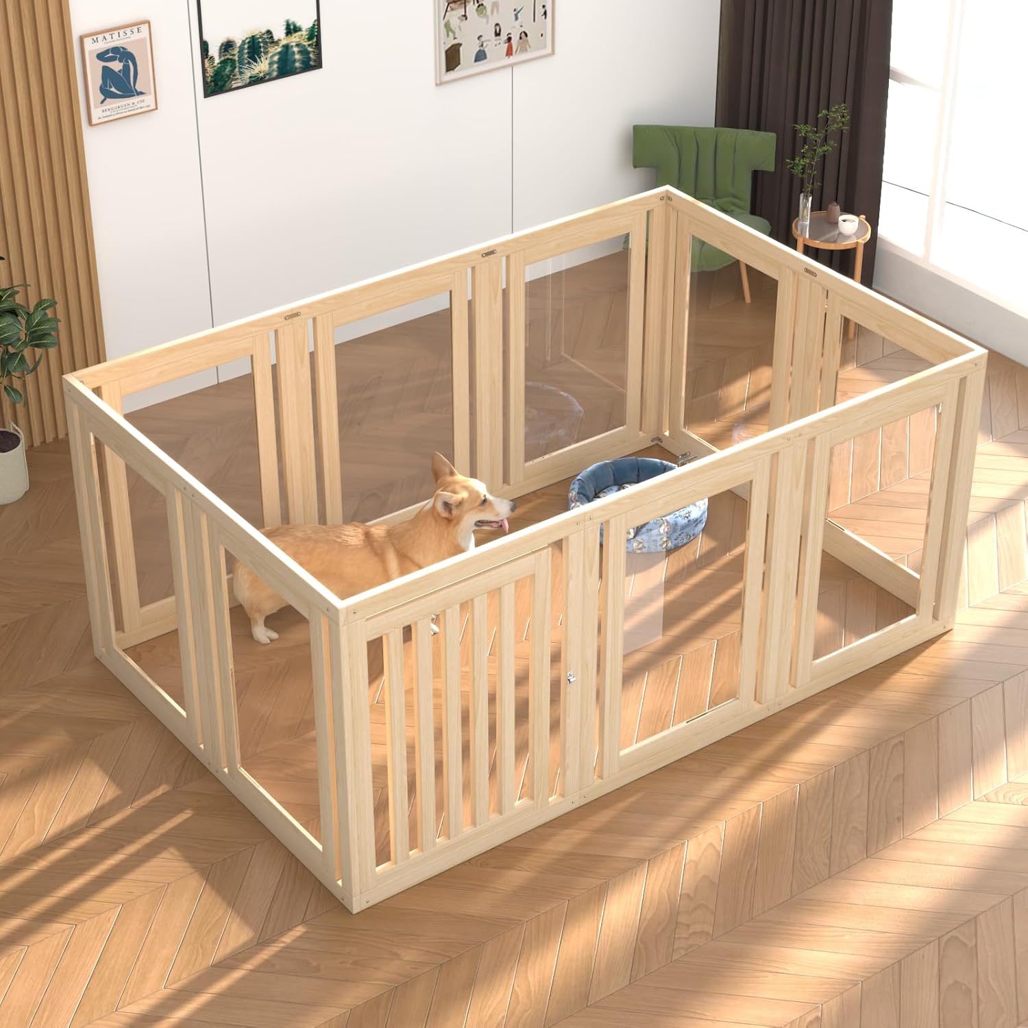 10 Panels Dog Playpen with Door, 23.6 H Pet Playpen Indoor, Clear Acrylic Puppy Playpens, Wooden Puppy Fence with Gate, Transparent Dog Pens, Pet Pen Indoor for Dogs, Cats, Rabbit (Wood)