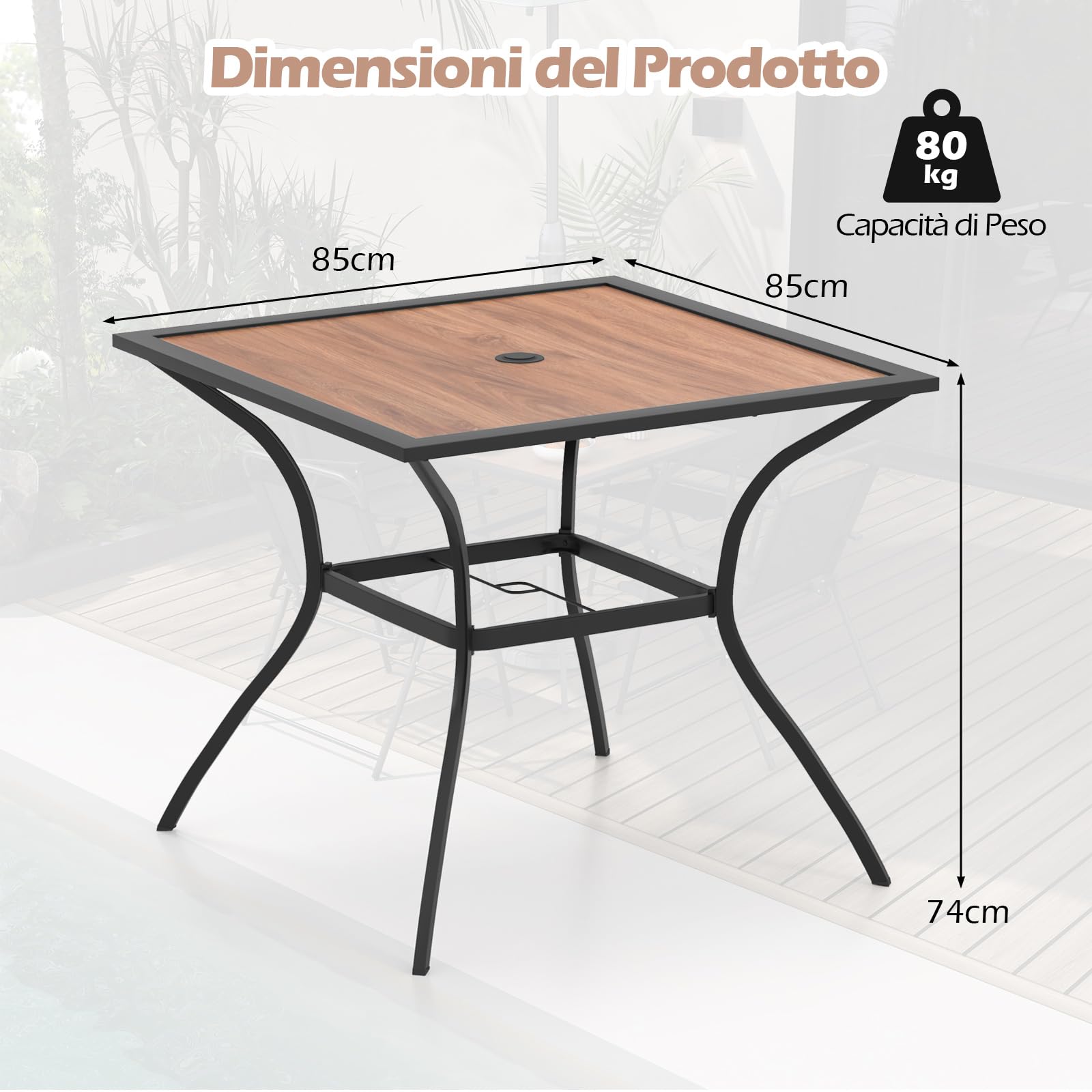 COSTWAY Tavolo da Pranzo da Giardino per 4 Persone con Foro per Ombrellone | Tavolo Quadrato da Esterno 85 cm con Piano in Legno e Telaio in Metallo, Portata 80 kg