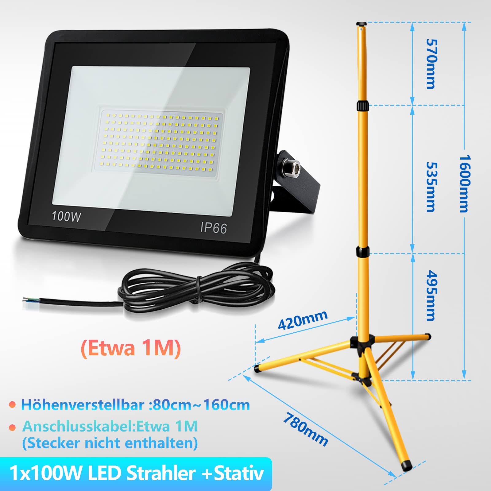 LED Baustrahler mit Stativ, 100W 8500LM LED Strahler 6000K Kaltweiß Baustellenleuchte mit 1m Kabel, HöHenverstellbar 360 Grad Drehbar, IP66 Wasserdicht fü Innen-Außen(kein Stecker)