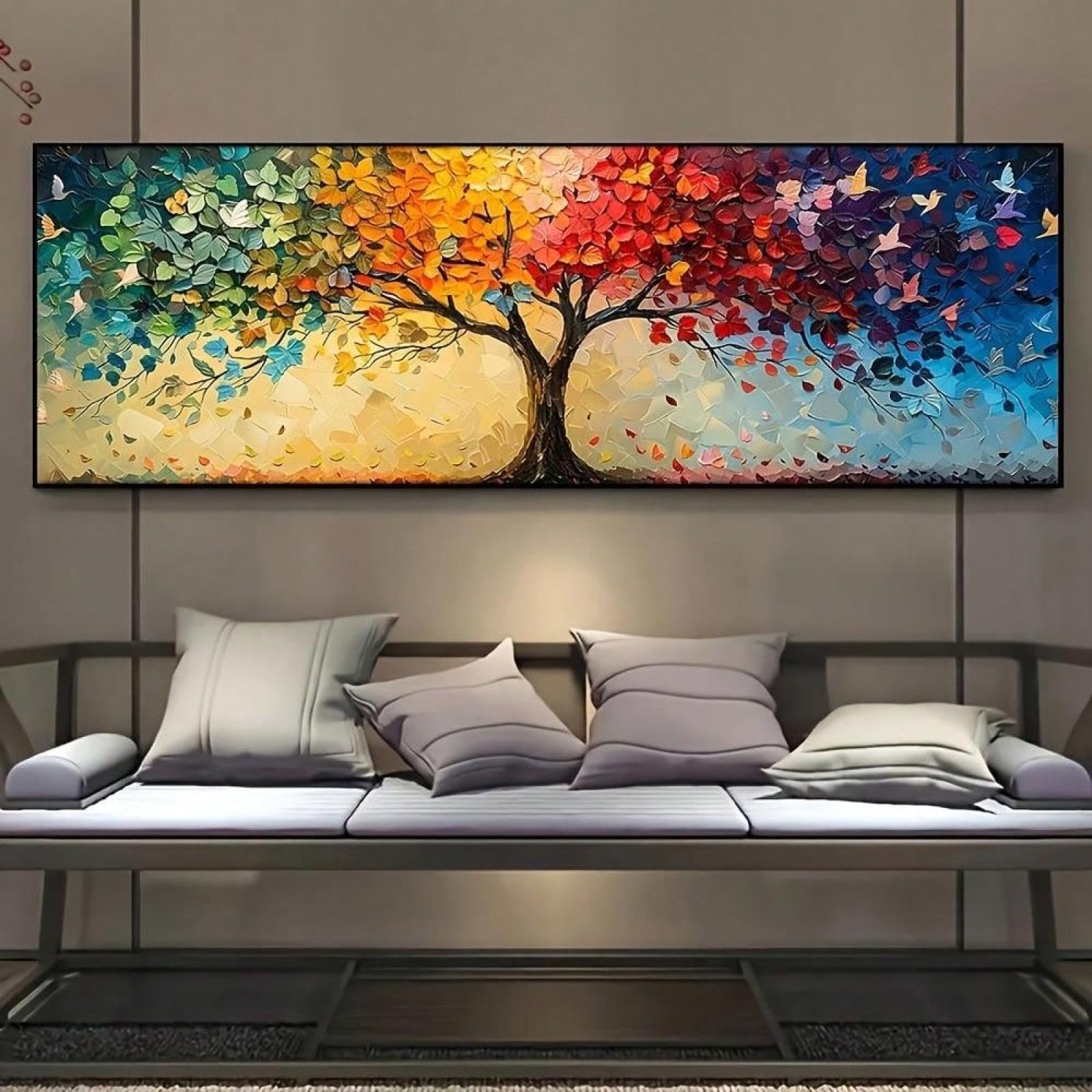 XBTYKPB Cuadro de gran árbol de la vida con diseño geométrico contemporáneo, primavera, verano, estaciones, paisaje, lienzo, arte de pared, impresiones, póster, marco de 50 x 150 cm
