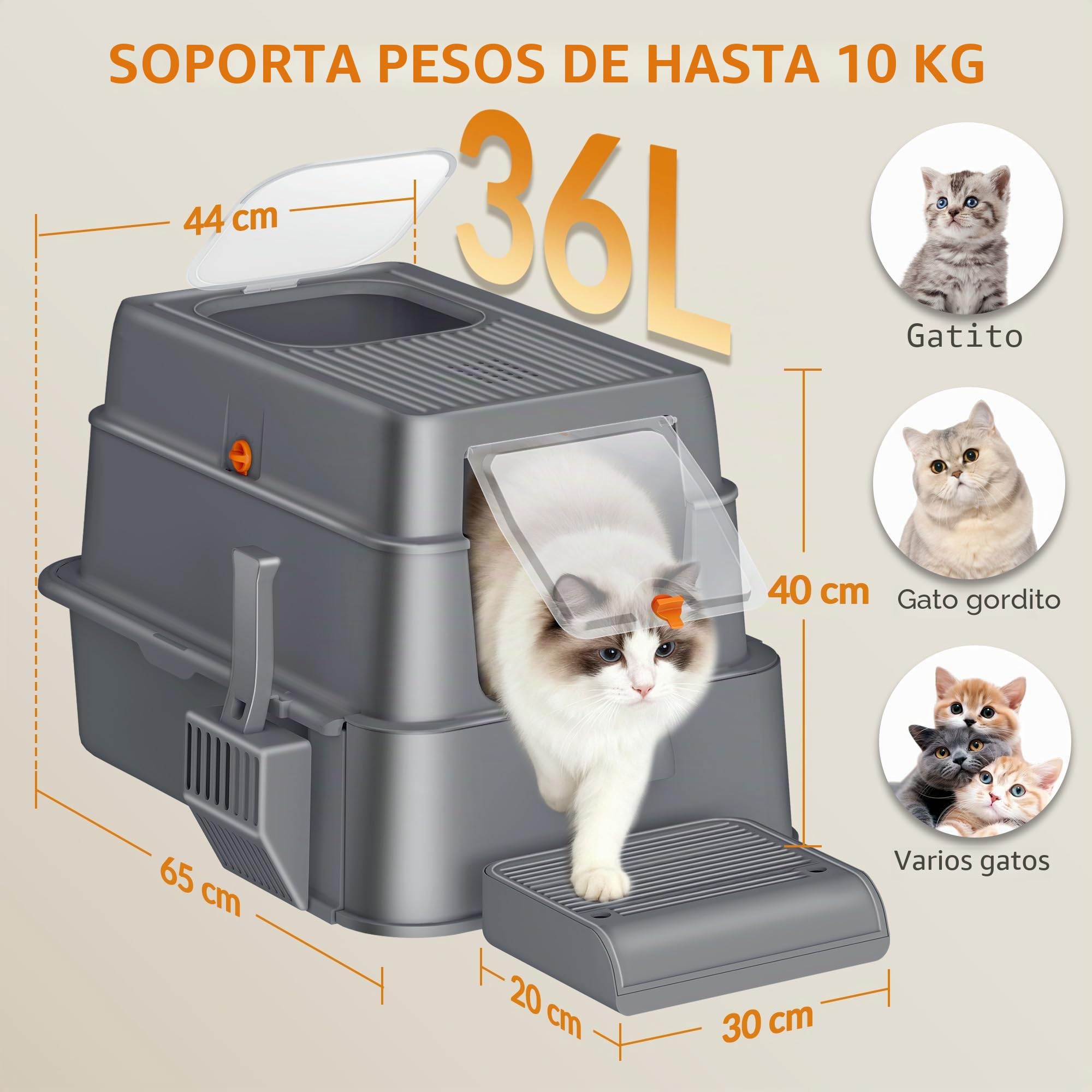 Arenero Acero Inoxidable Gatos con Cajón, 65x44x40cm, Gris Oscuro | XXL Arenero Metalico Cerrado para Gatos, Incluye Pedal y Pala, Control de Olores, Fácil de Limpiar, Dos Entradas FPLB201SG2