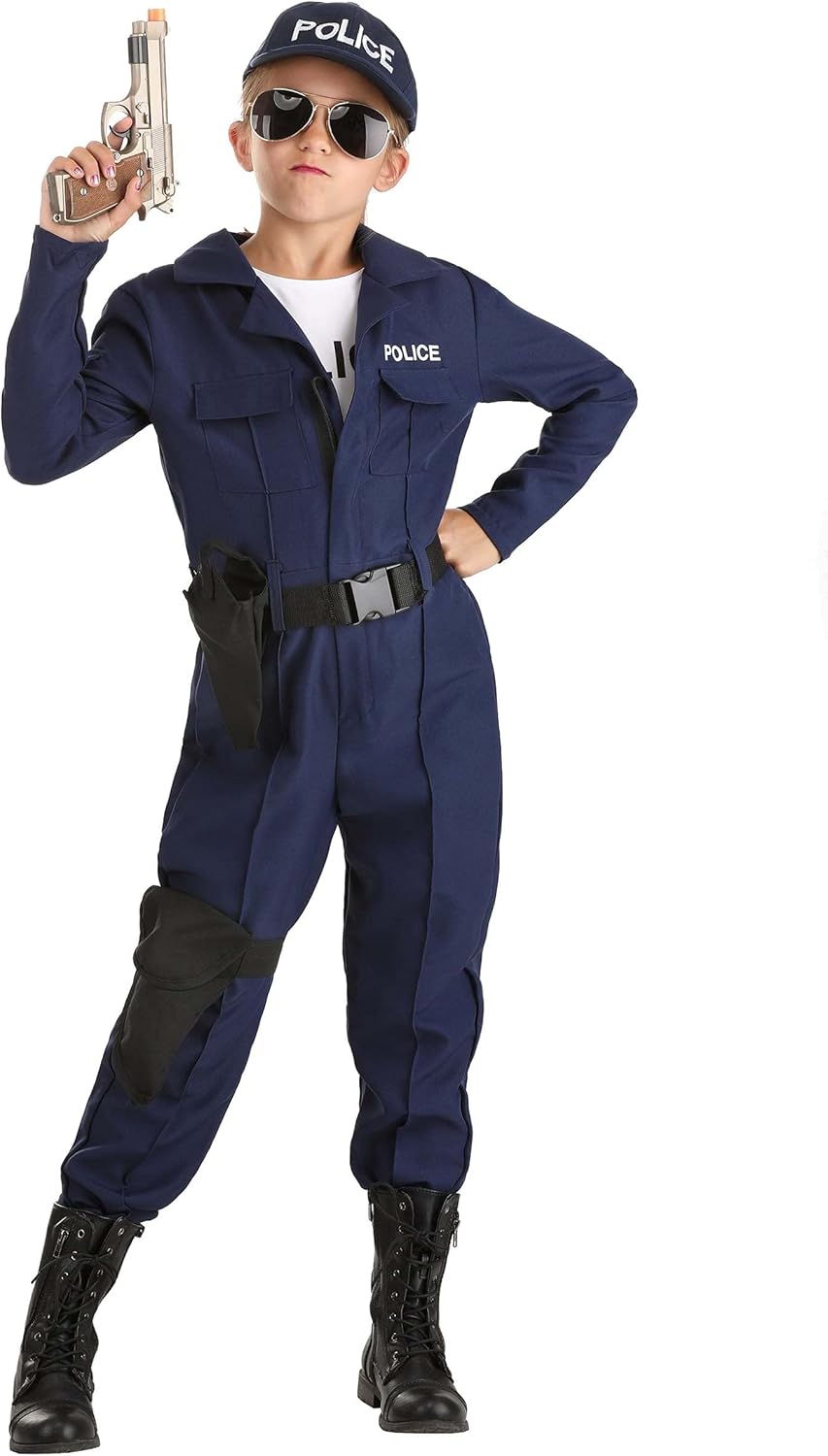Fun Costumes Girls Tactical Cop Jumpsuit Costume | Kids Police Outfit With Logos, Hat, and Belt For Halloween & Dress Up - Image 2