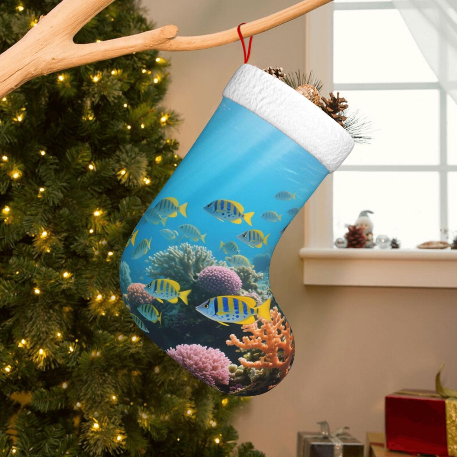 Velvet Christmas Stockings 17.7 Inch, Various Fish Coral Reefs Xmas Stocking with Soft Cuff,Classic Personalized Christmas Tree Decoration for Family Holiday New Year Party Supplies
