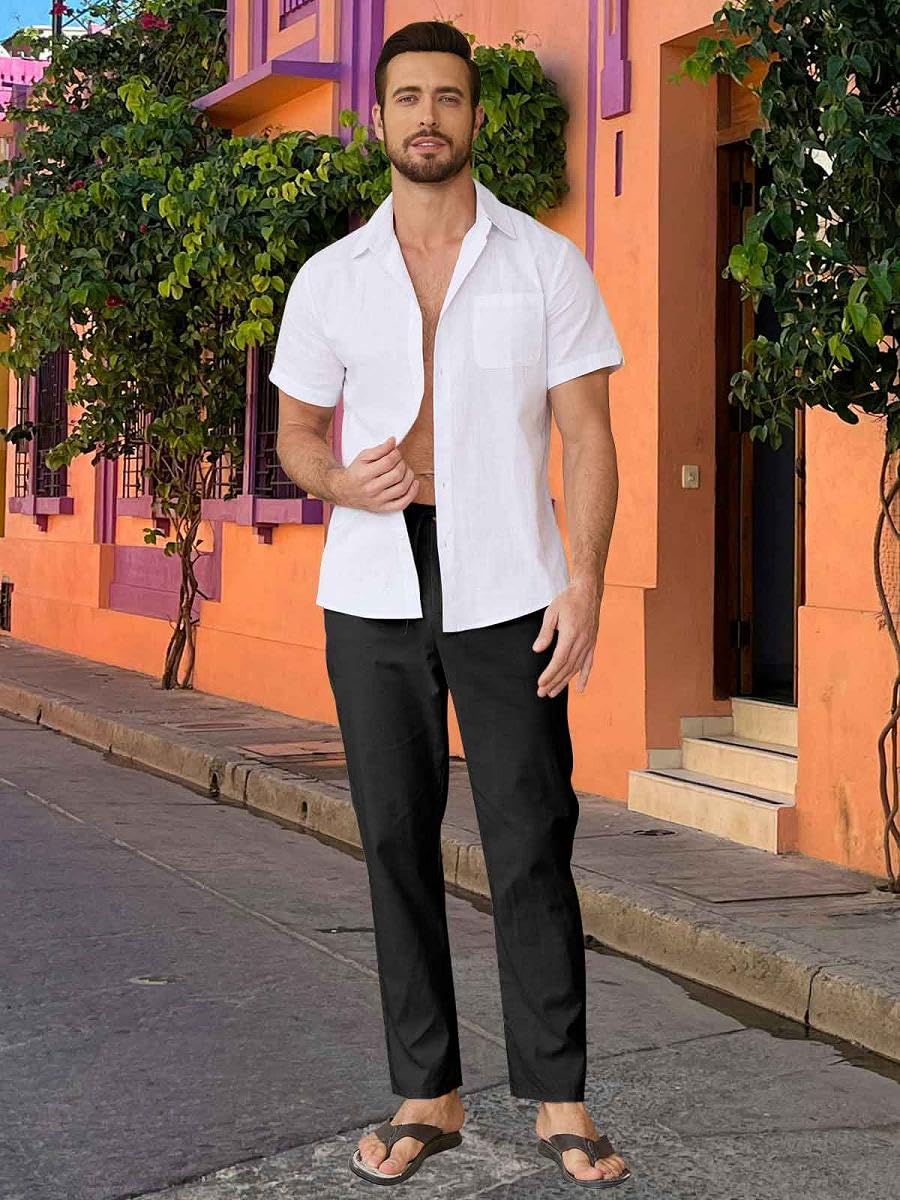 Yutdeng Pantalones Largos Verano Hombre Pantalón Lino Ligeros Casual Pantalon Verano Hombre Largo con Bolsillos Yoga Playa Algodon y Lino Pantalones Anchos Cintura Elástico con Cordón