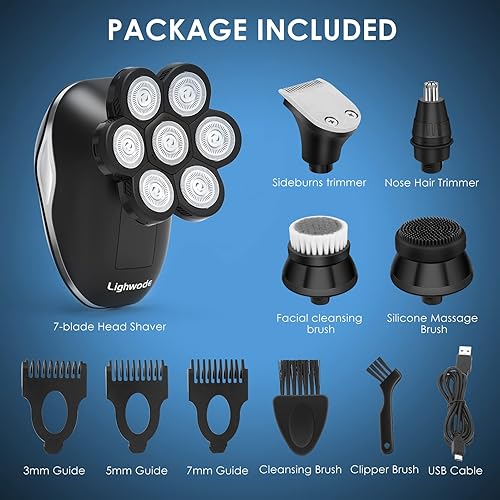 Miniatura 7 de Lighwode - Afeitadoras de cabeza para hombres calvos, impermeable, 7D, para mojadoseco, anti-pellizco, kit de aseo eléctrico LED inalámbrico 5 en 1,