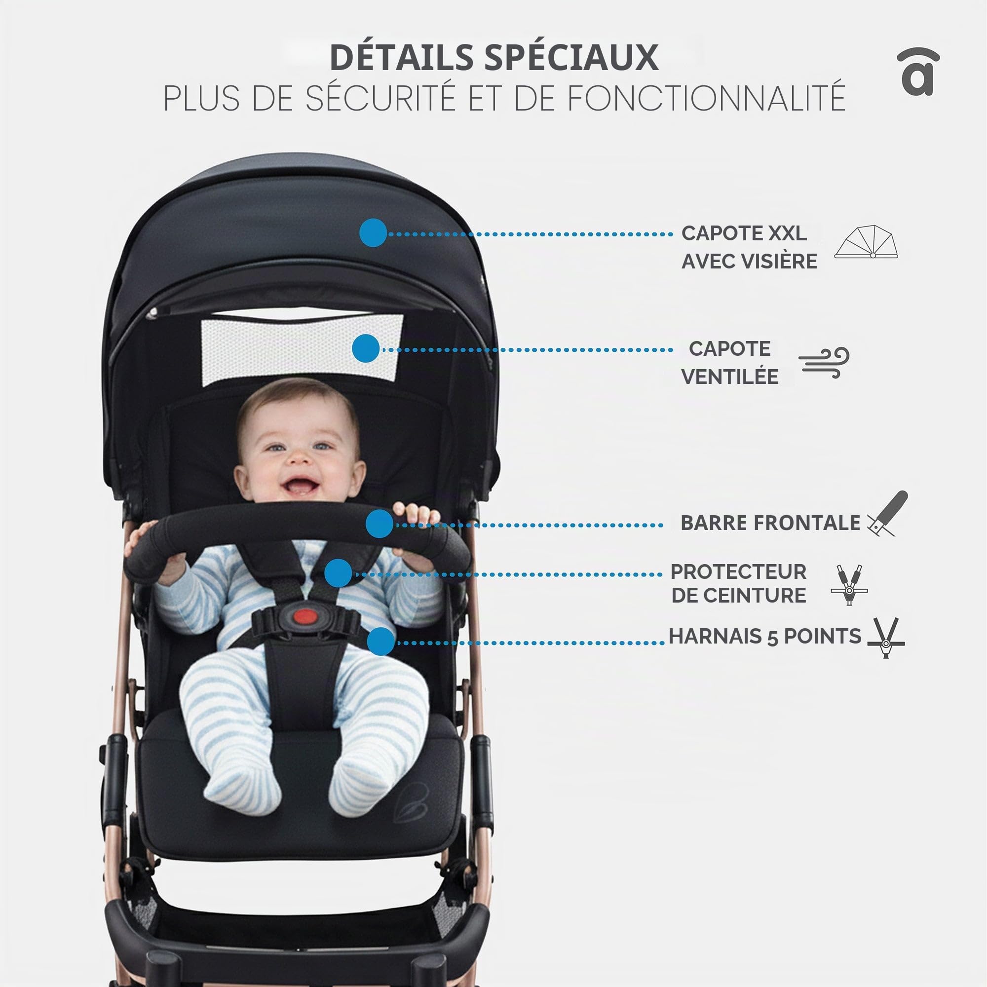 Asalvo AMSTERDAM Poussette, Cabine, Voiture d'enfant, Ultraligera, Cómodo, Capuchon réglable, Pratique, se plie d'une seule main, Chariot Asa, À partir de 6 mois, Charge maximale 23 kg, Dorée