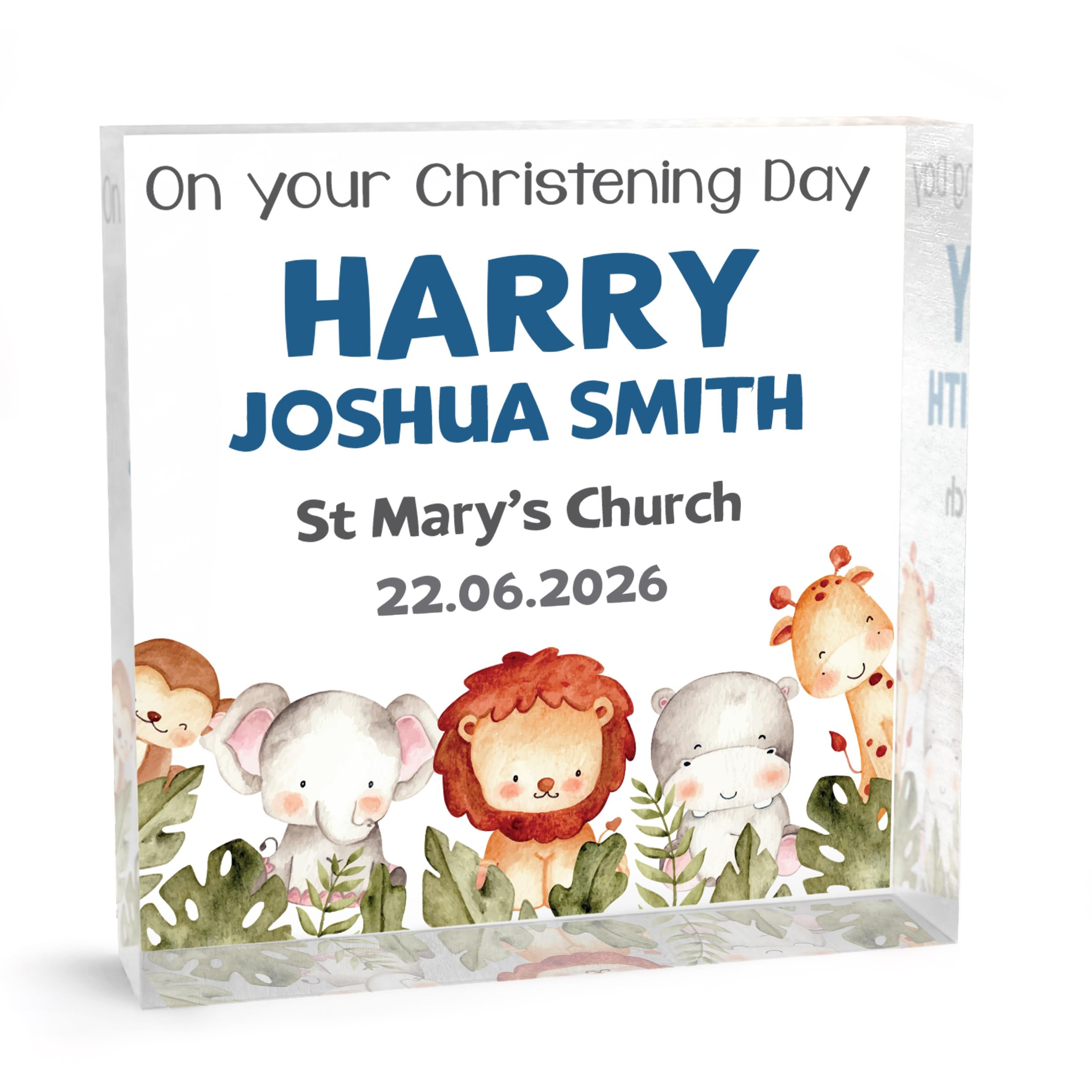 Beecreative Personalised Boys Christening Gifts - Clear Acrylic Keepsake Ornament - Custom Godson Christening Day Present - With Grey Bag