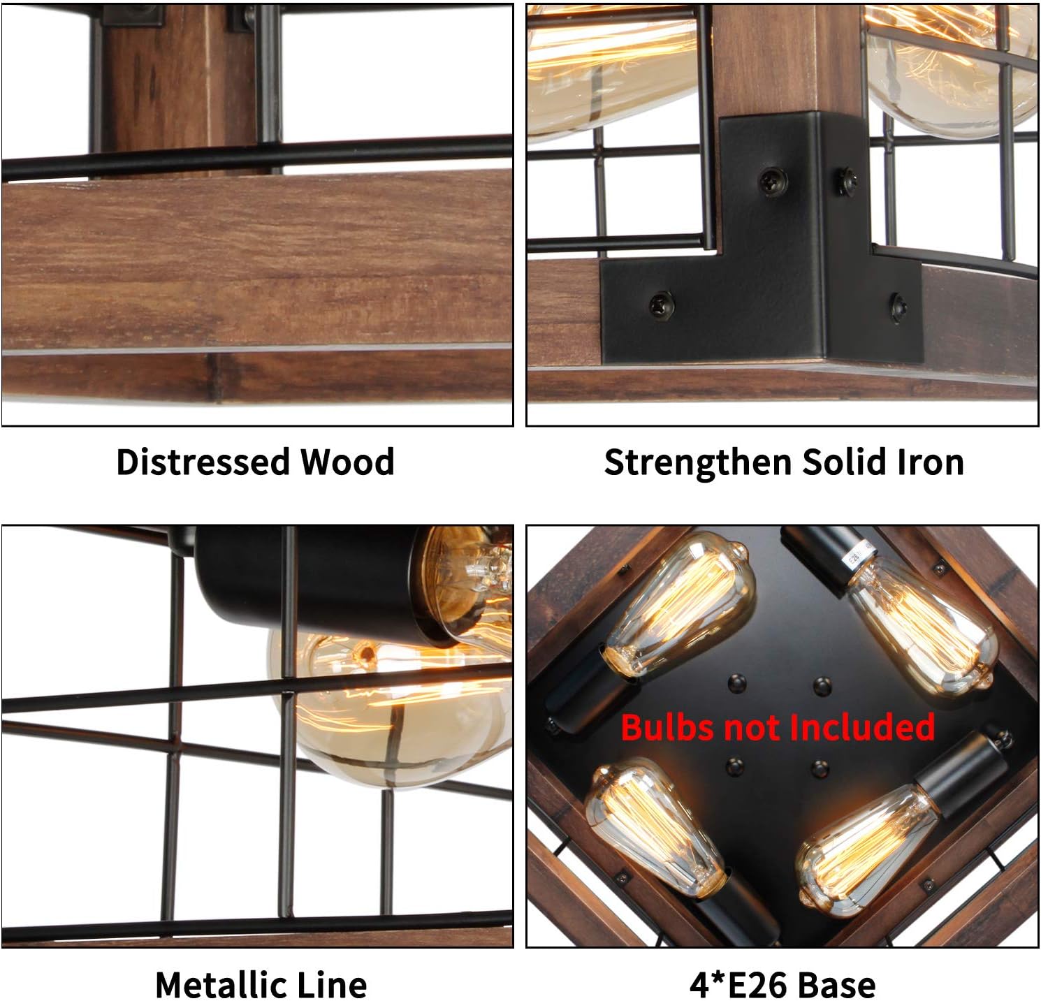 Bеѕt Dеаl 🛒 JHLBYL Farmhouse Wood Flush Mount Ceiling Light,Black Metal Rustic Close to Ceiling Lighting Industrial Square Wire Cage Ceiling Light Fixture with 4 E26 Blub Socket for Farmhouse Kitchen Dining Room